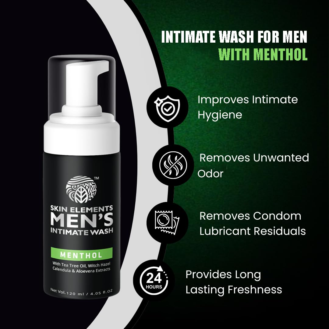 Skin Elements Intimate Wash for Men with Menthol (4.05 fl. oz) | pH Balanced Foaming Cleanser for Private Parts | Prevents Itching, Irritation & Odor | Gentle Daily Hygiene for Active Men & Post-Workout Care