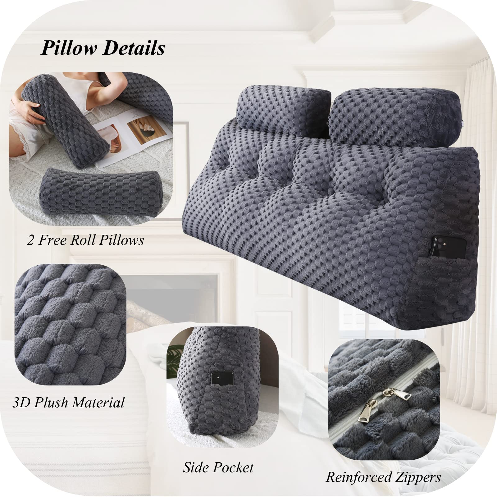 **Wedge Headboard Pillows Set - 2 Large Bolster Pillows for Bed Rest, Reading & Back Support - Comfortable Backrest Positioning for Sitting in Bed (Perfect for Relaxing, Reading & Watching TV)**