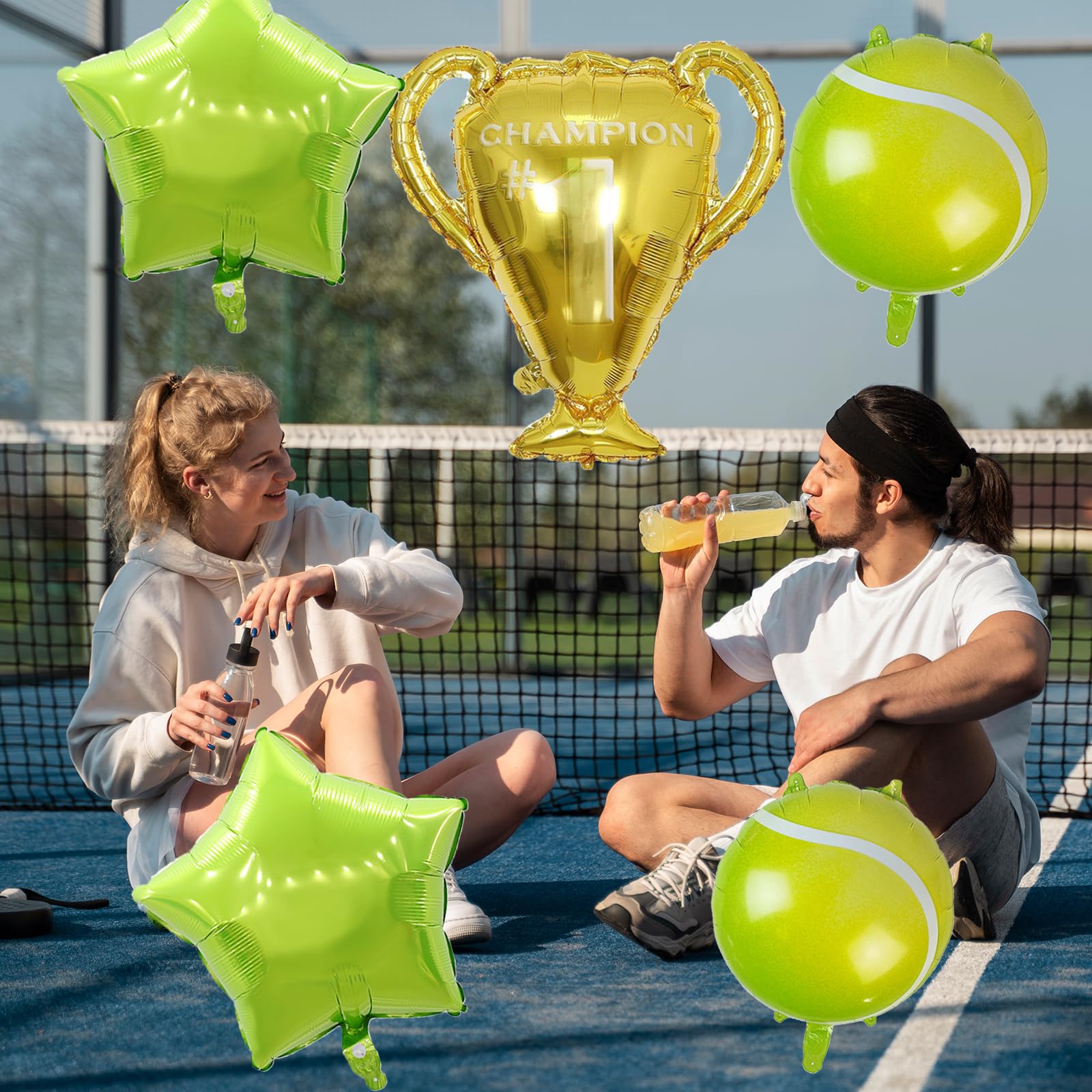 9Pcs Tennis Party Balloon Decorations Set - Tennis Ball & Golden Trophy Foil Balloons, Green Star Mylar Balloons for Sports Themed Parties - Perfect for Men, Women & Kids Birthday, Graduation & Championship Celebrations