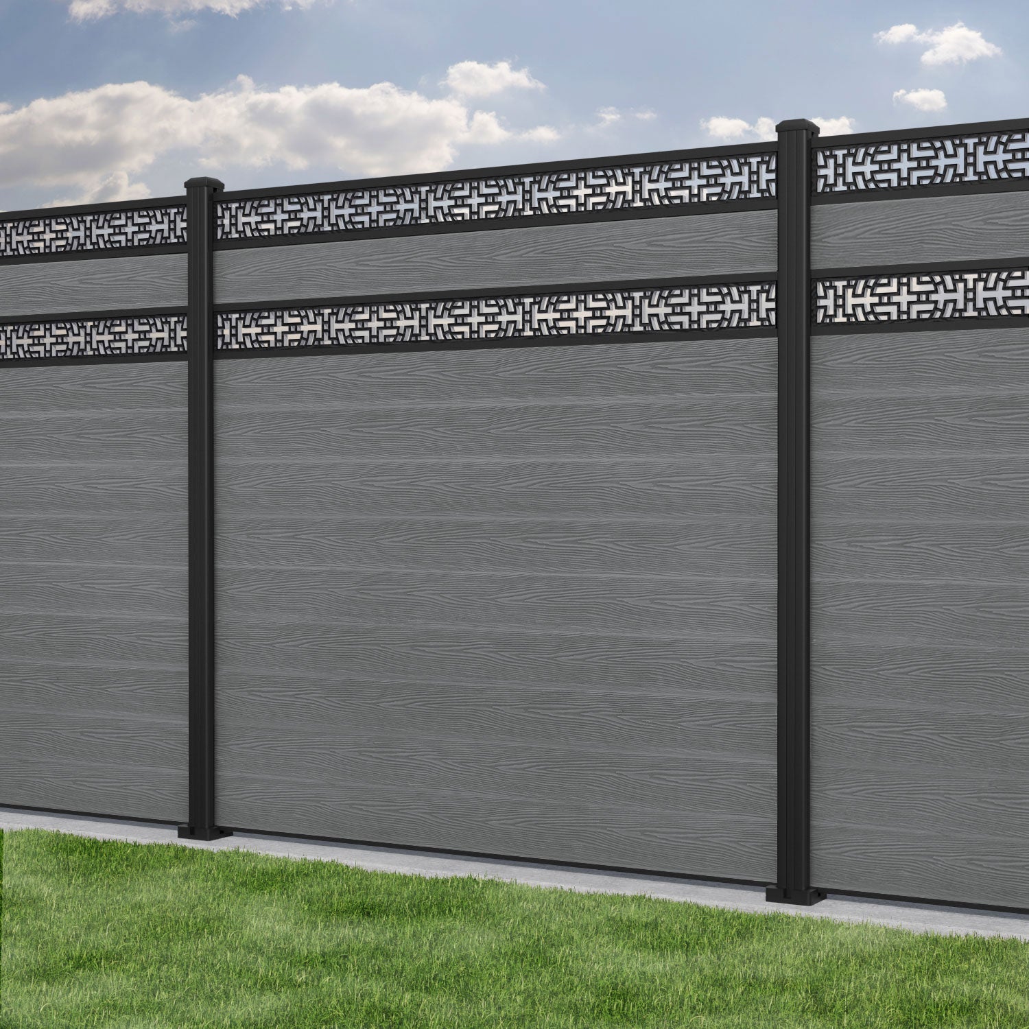 Classic Kumo Split Screen Fence Panel - Mid Grey Aluminum Privacy Fence with Sturdy Posts for Backyard, Garden, and Patio Decoration