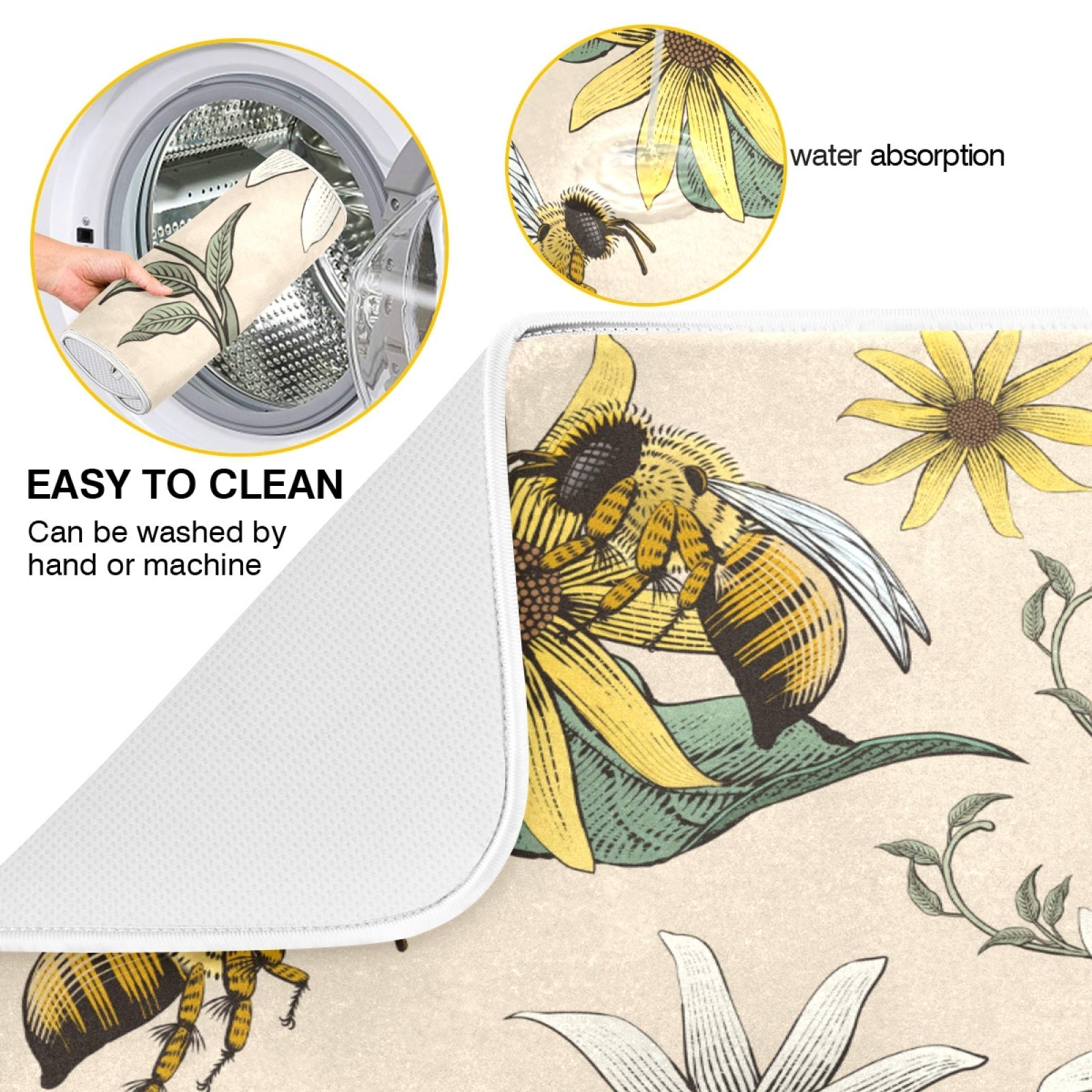 Retro Honey Bees and Flowers Dish Drying Mat - 18x24 Inch Soft, Foldable, Absorbent Kitchen Countertop Pad | Perfect for Drying Dishes, Utensils, and Protecting Countertops