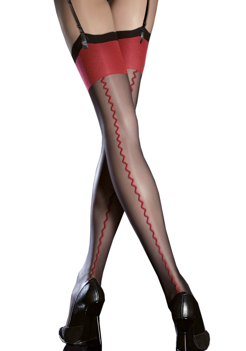 Stylish Fiore Patterned Stockings with Elegant Backseam & Contrast Red Top - Perfect for Vintage Outfits, Cosplay & Special Occasions