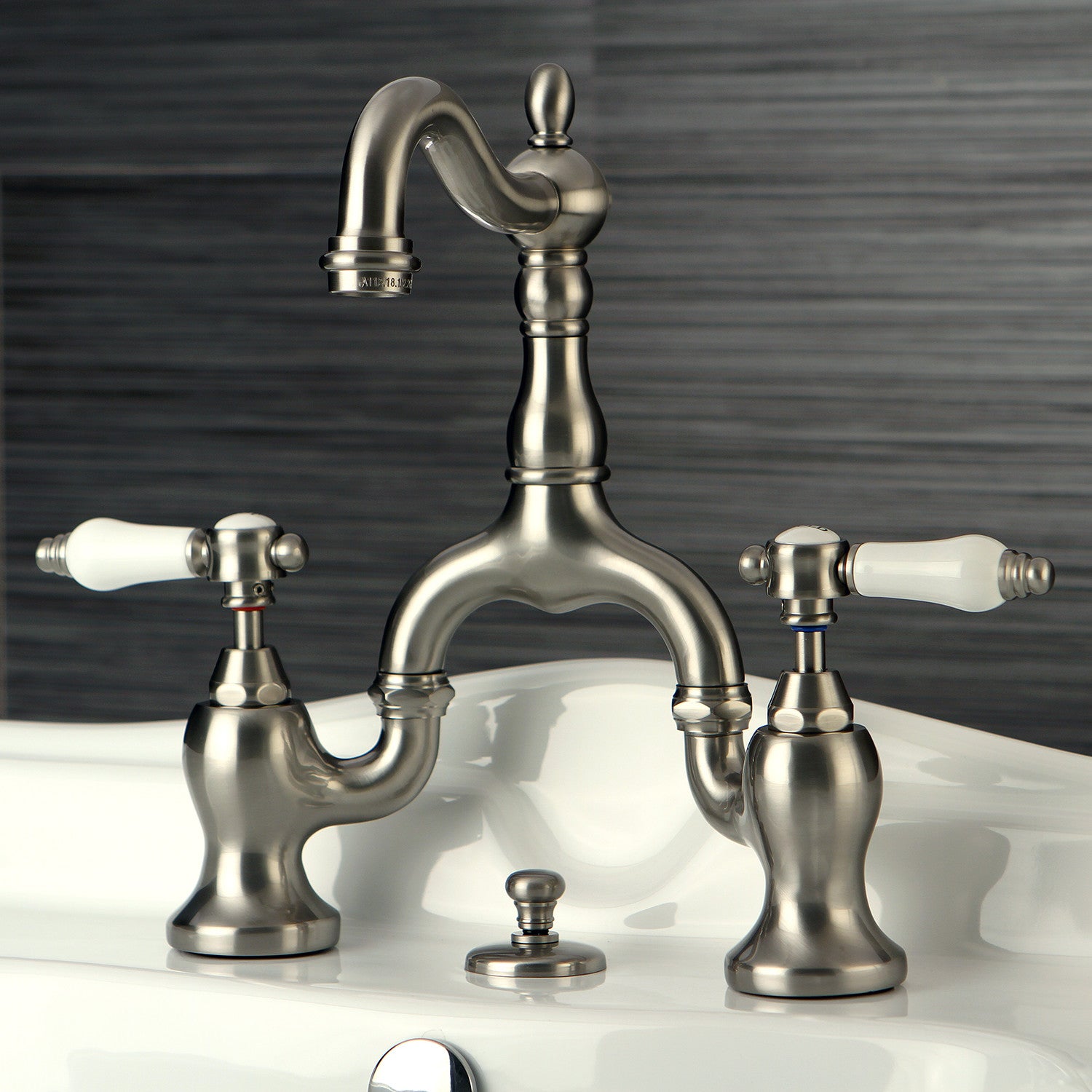 Bel Air KS7978BPL Brushed Nickel Two-Handle 3-Hole Deck Mount Bathroom Sink Faucet with Brass Pop-Up Drain - Perfect for Modern Bathrooms, Powder Rooms & Guest Suites