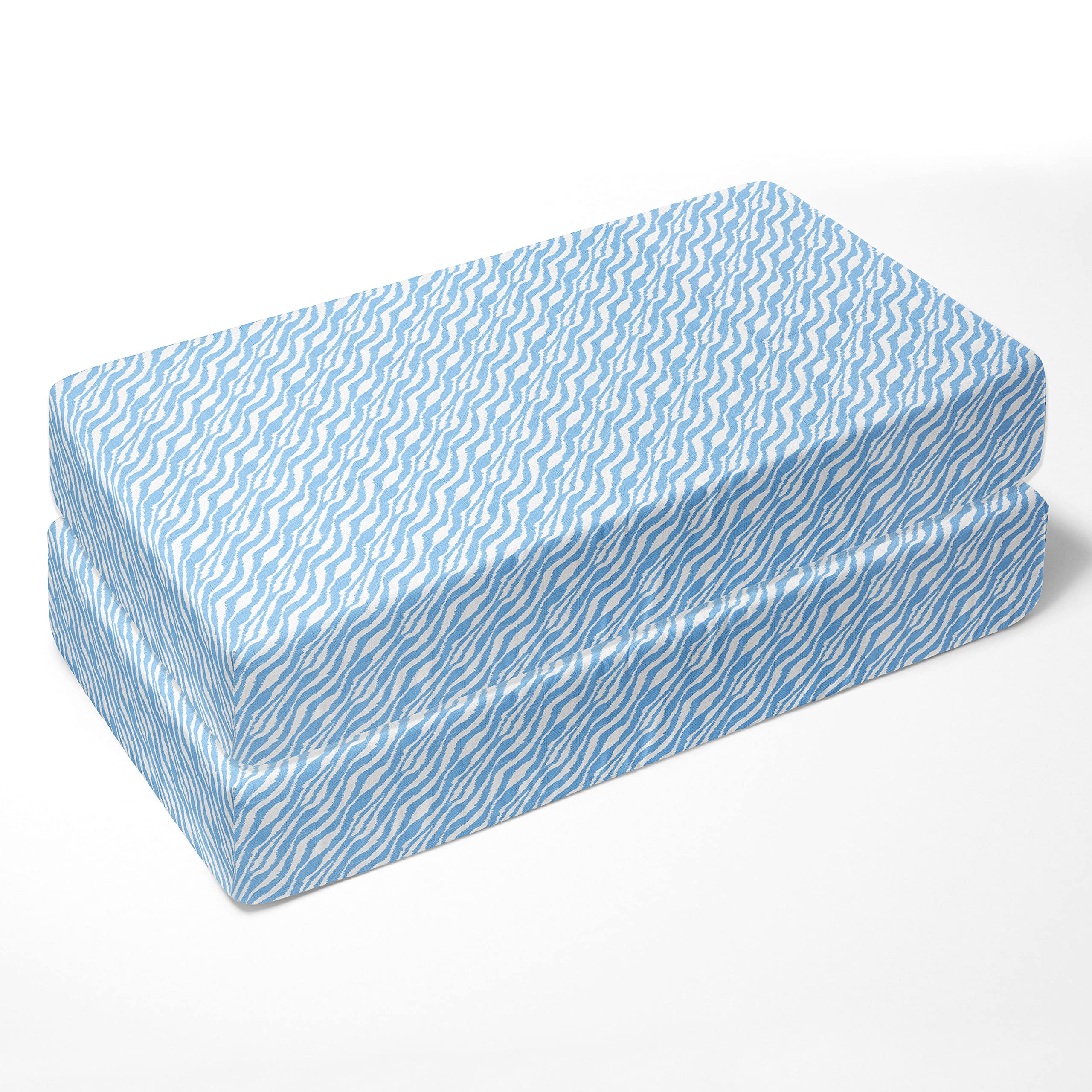 Bacati 2 Pack 100% Cotton Muslin Baby Crib Sheets - Super Soft Breathable Fitted Crib Sheets for Boys, Fits Standard 28x52x5 Crib & Toddler Mattresses (Ikat Zebra Blue) - Perfect for Nursery, Daycare & Travel Use