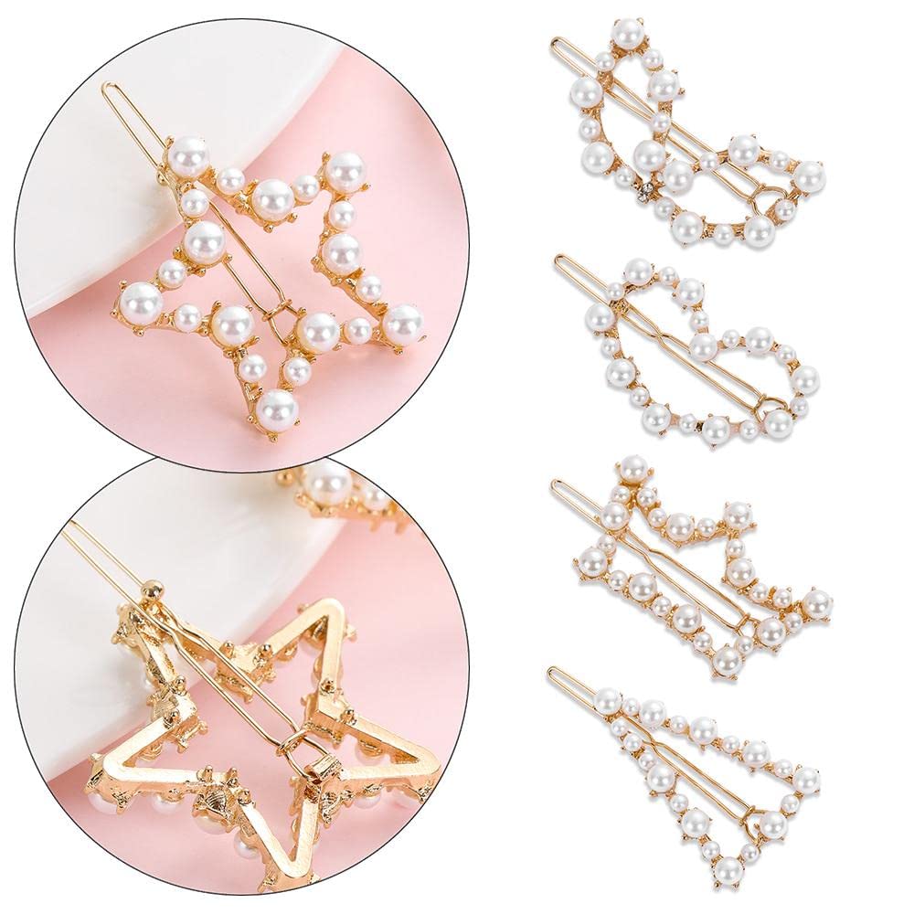 6PC Korean Fashion Faux Pearl Hair Clips - Geometric Minimalist Snap Barrettes for Women & Girls - Floral Hairpins Hair Accessories - Perfect for Weddings, Parties & Everyday Styling