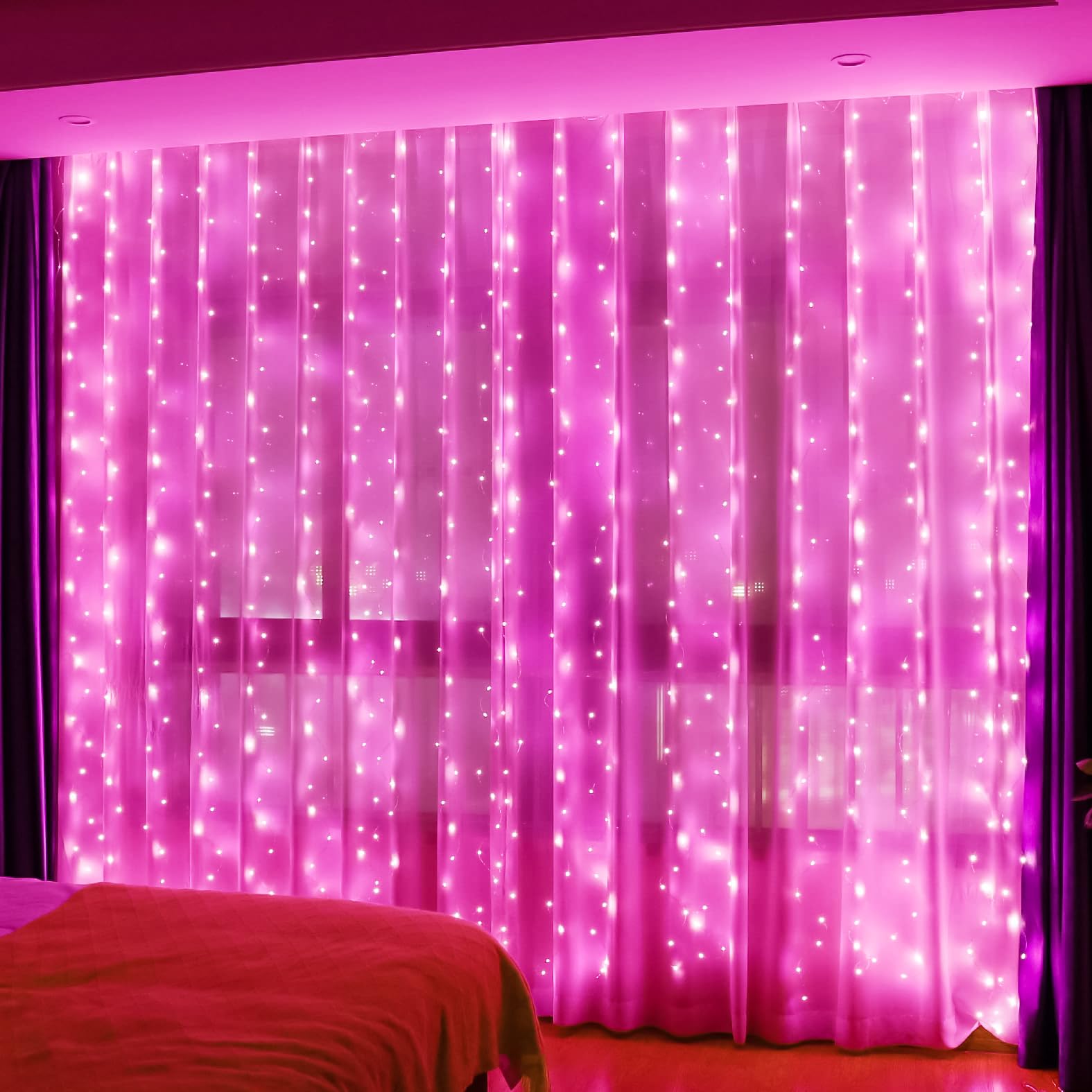 300 LED Pink Fairy Curtain Lights with Remote - 8 Lighting Modes & Timer, 9.8x9.8ft USB Plug-in String Lights for Bedroom, Outdoor, Wedding, Party, Garden Decor | Romantic Ambiance, Holiday & Event Lighting