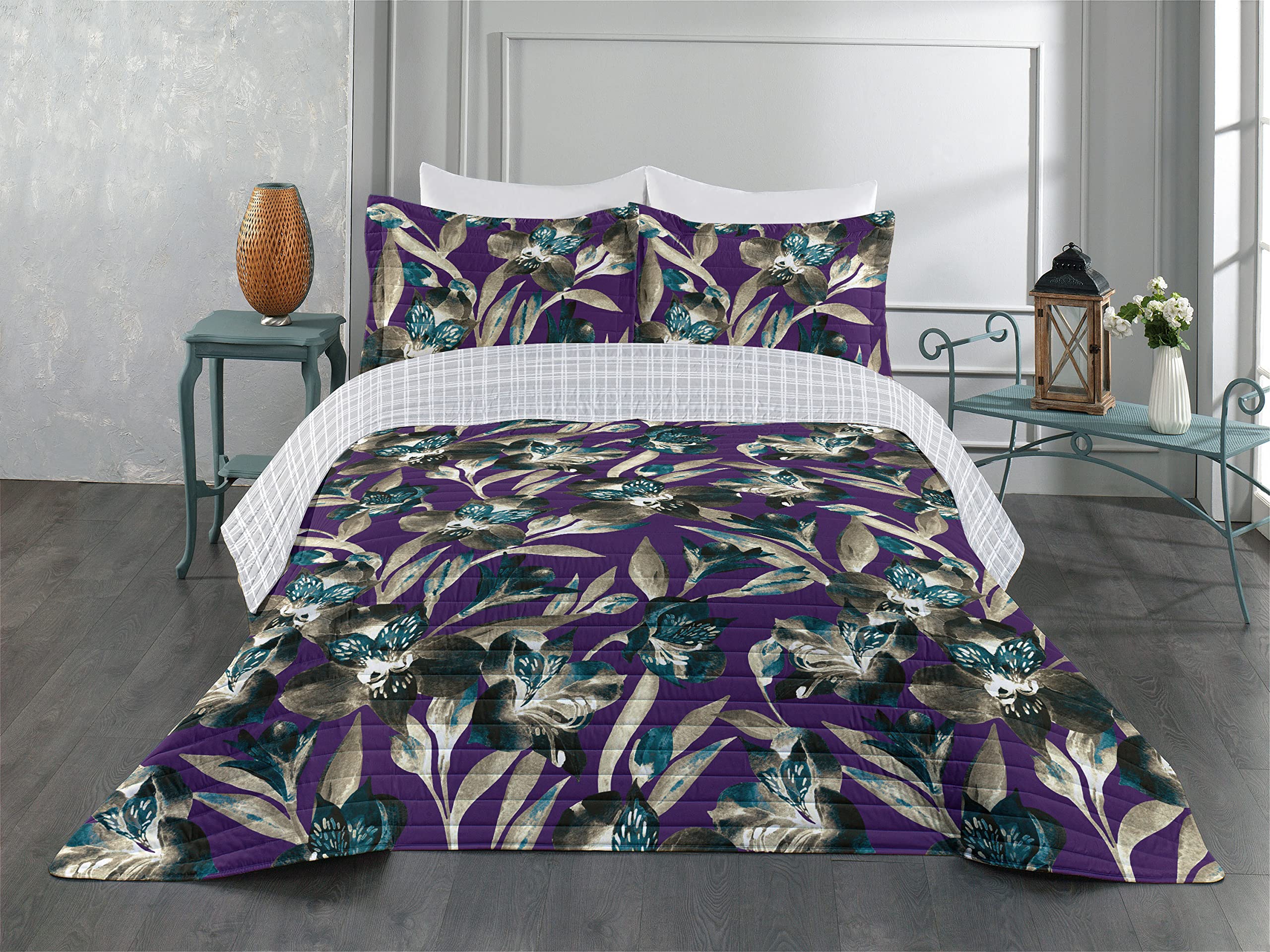 Ambesonne Reversible Queen Size Bedspread Set - Exotic Tropical Jungle with Butterflies Design, Microfiber Comforter & Pillow Shams, Quartz Teal | Perfect for Spring Bedroom Decor, Guest Room Makeover, and Boho Chic Home Styling