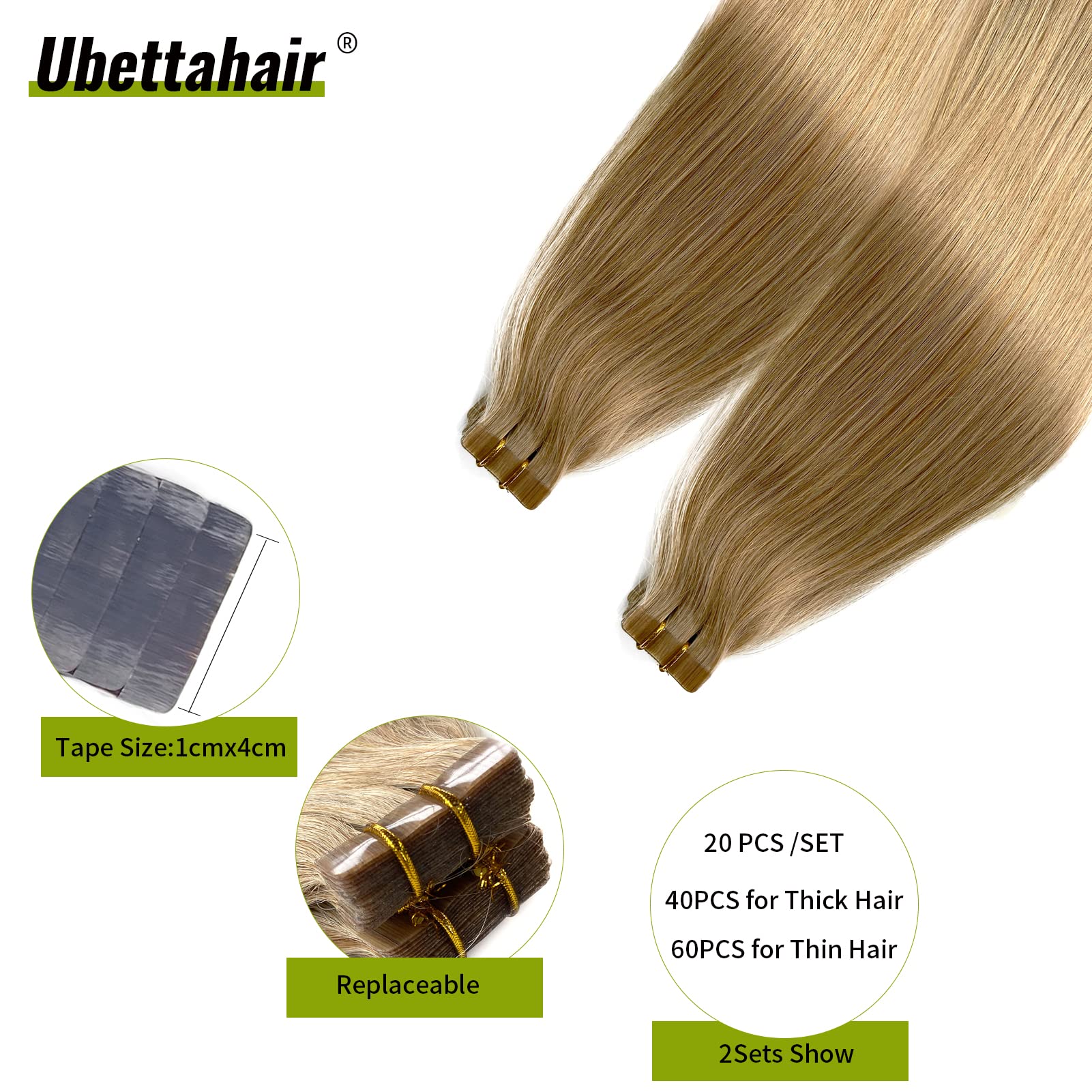 Ubetta Tape in Hair Extensions 20 Inch - 20 Pieces Real Human Hair, Seamless Skin Weft with Double Sided Adhesive - Invisible Golden Blonde Colored Hair Extensions 50g for Women - Perfect for Volume, Length & Styling for Parties, Weddings & Daily Wear