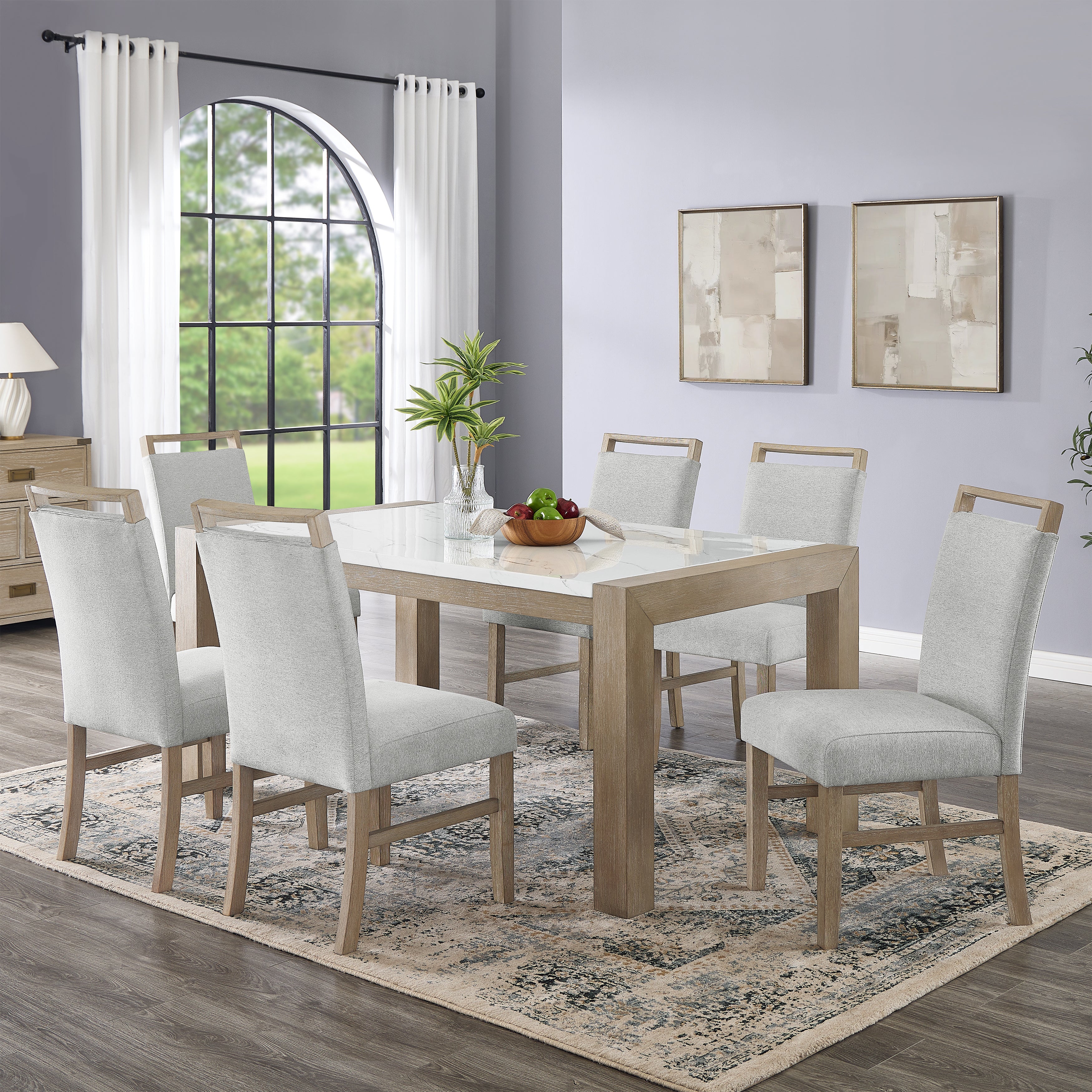 Roundhill Furniture Zelalle 7-Piece Dining Set - White Wired Brushed Finish Table with 6 Chairs | Perfect for Kitchen, Dining Room & Small Space Entertaining