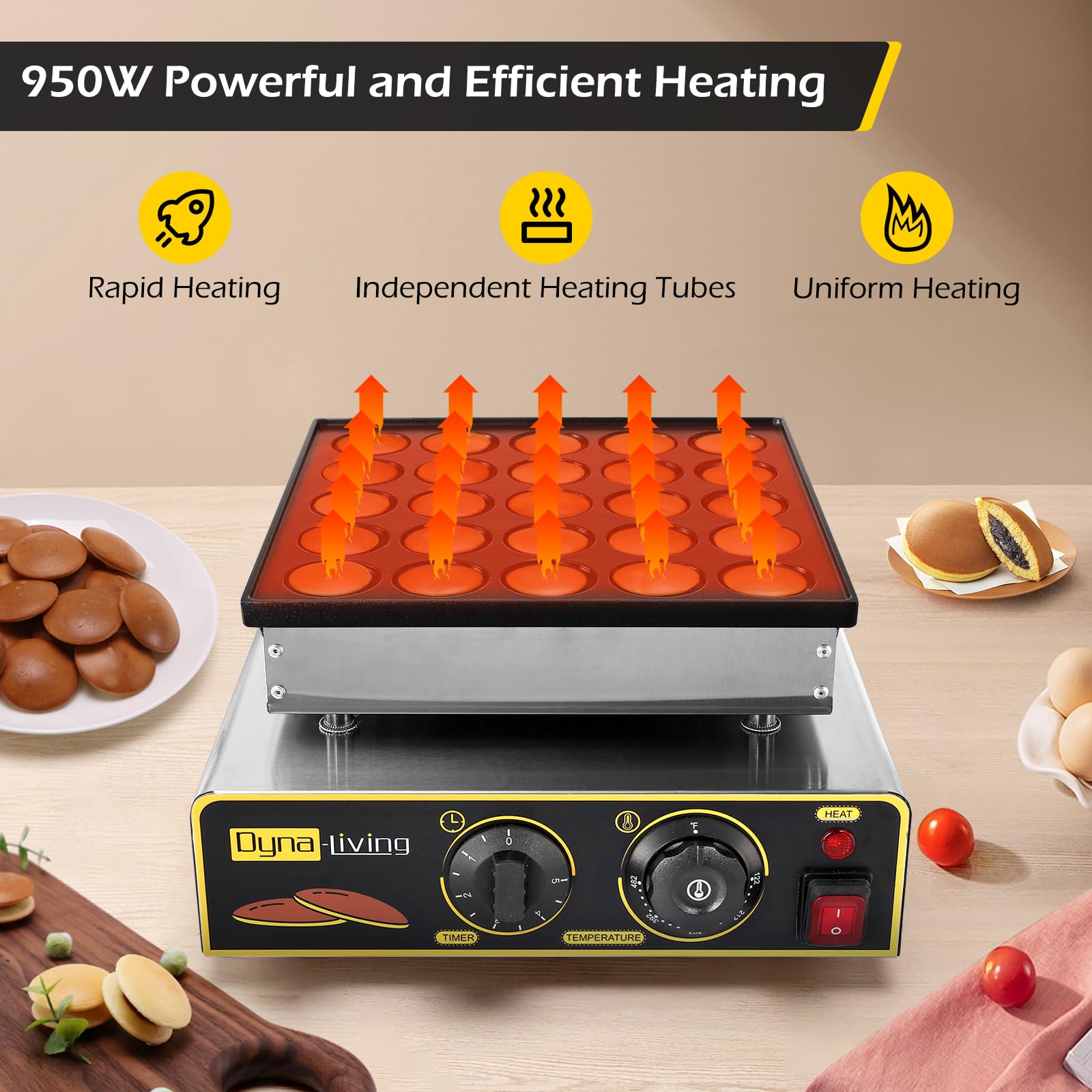Dyna-Living Mini Pancake Maker Machine - 950W Electric Dutch Pancake Maker with Non-Stick Coating (25PCS) - Perfect for Home, Cafe & Commercial Use - Make Mini Pancakes, Dutch Pancakes & Dorayaki Easily