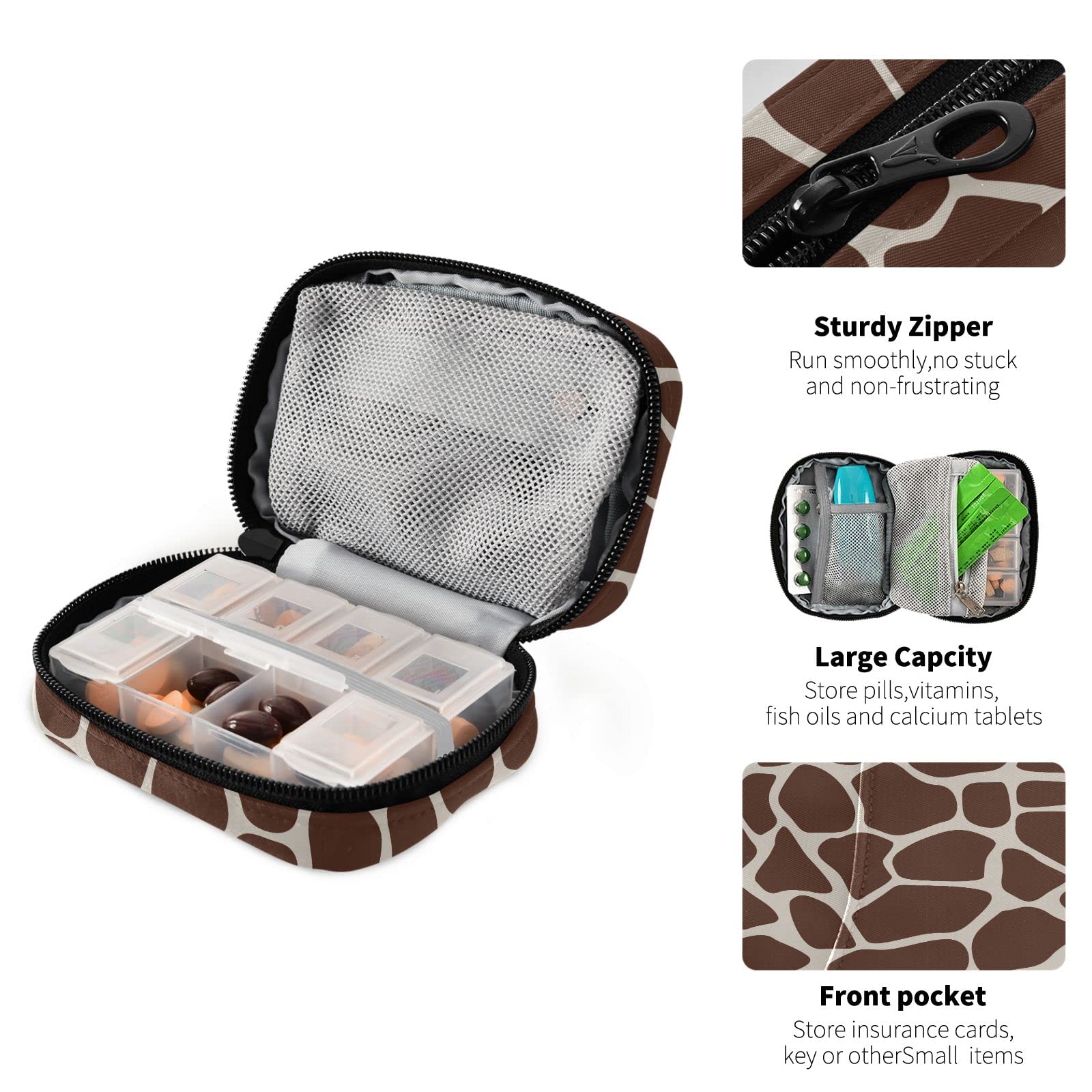 Brown Giraffe Pattern Travel Pill Organizer - Weekly 7-Day Small Pill Case with Compartments, Cute Vitamin & Medication Holder for Home, Office & Travel Use