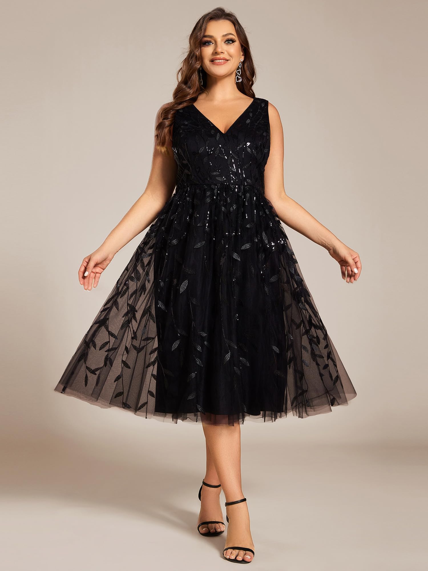 Ever-Pretty Plus Size Sequin A-Line Midi Dress - V-Neck Sleeveless Cocktail Party Dress for Women | Wedding Guest Dress & Summer Formal Attire for Curvy Figures | Perfect for Evening Events, Bridal Showers, and Special Occasions