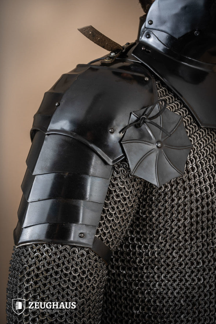 15th Century Medieval Pauldrons with Besagew - 1.6mm Burnished Steel Shoulder Armor for LARP, Cosplay & Historical Reenactment