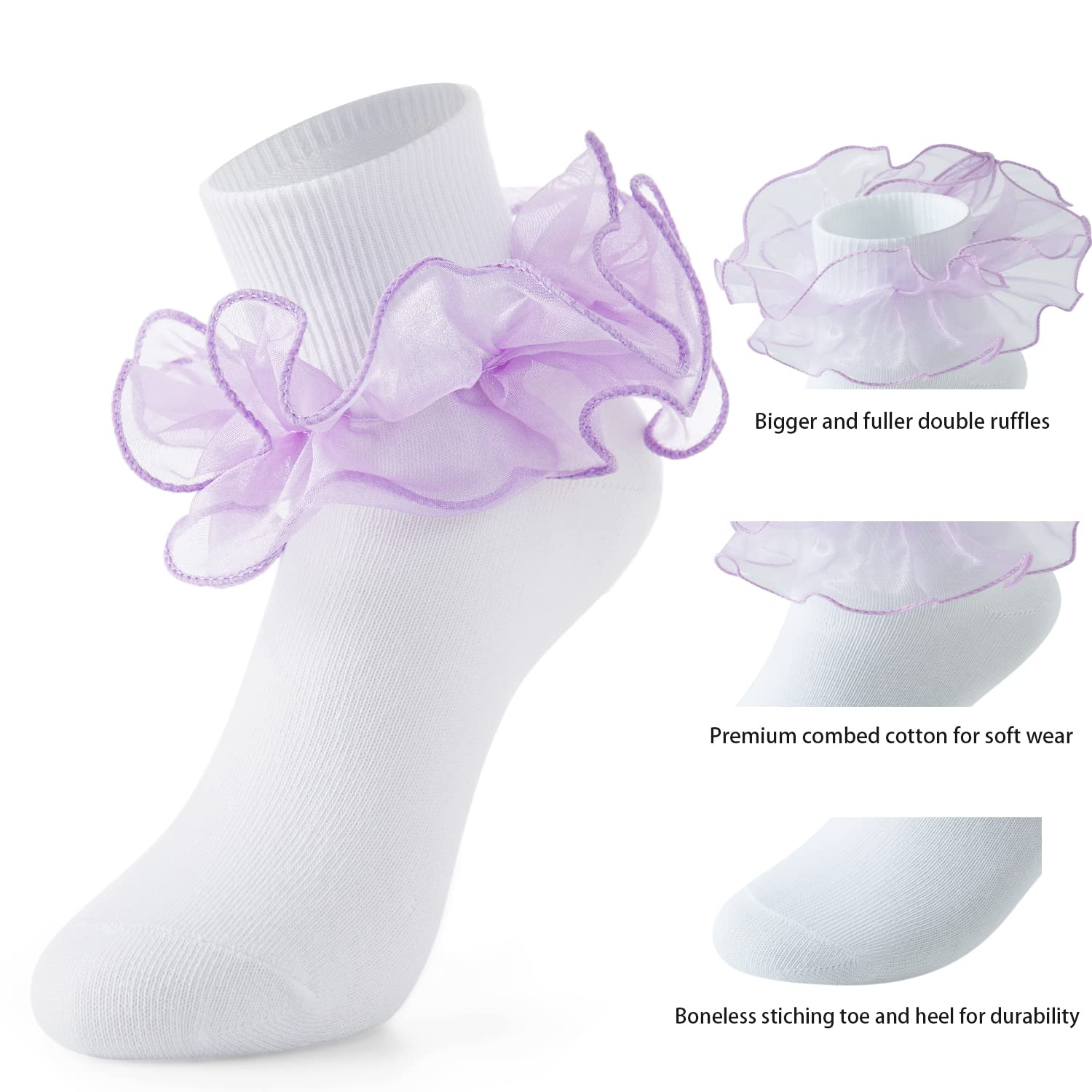 Little Girls Lace Socks - 3 Pairs Cotton Ruffle Frilly Double Lace Ankle Socks for Princess Pageant Dress | Perfect for Special Occasions, Birthday Parties & Photo Shoots