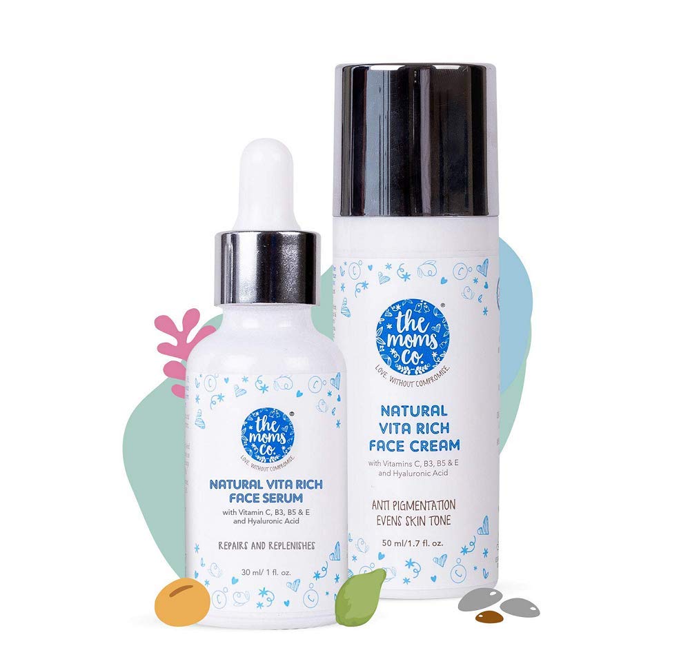 The Moms Co. Natural Vitamin C Face Cream (50ml) & Face Serum (30ml) - Brightening, Hydrating & Anti-Aging Skincare Set with Vitamins C, B3, B5, E & Hyaluronic Acid - Perfect for Daily Glow & Night Repair Routine