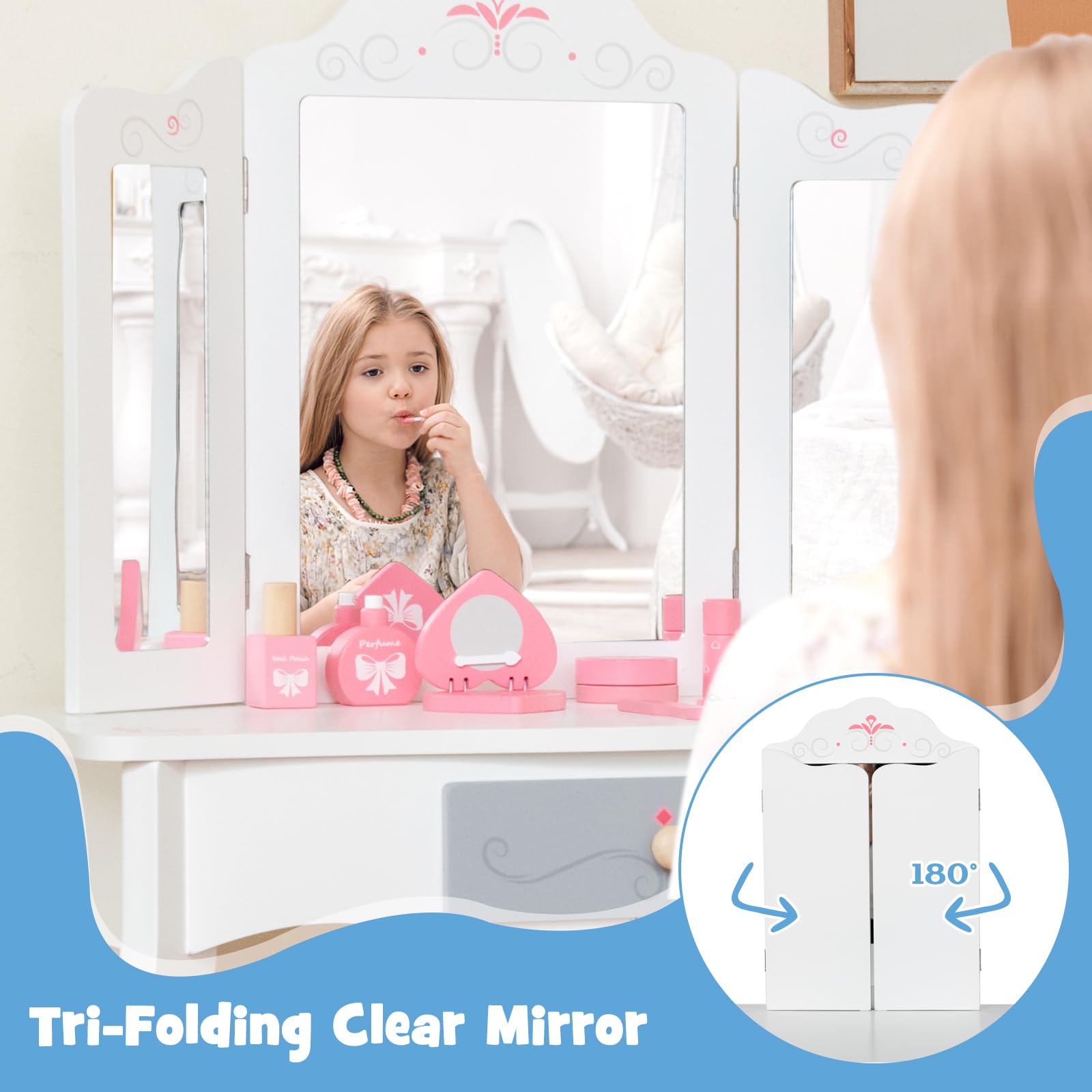 INFANS Kids Vanity Set - 2 in 1 Princess Makeup Table & Chair with Tri-Folding Mirror, 10 Accessories, Wooden Dressing Table for Toddler Girls | Pretend Play, Birthday Gift, Room Decor (White) - Perfect for Dress-Up Games, Role Play & Imaginative Play in Bedroom or Playroom