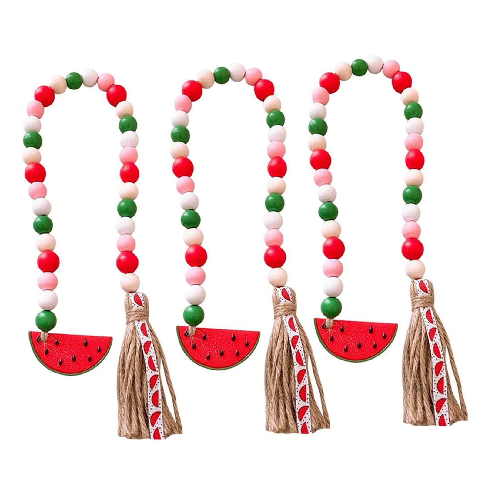 3-Piece Fruit Wood Bead Garland with Jute Tassels - Rustic Farmhouse Tiered Tray Decor for Spring & Summer - Watermelon Slice Design - Perfect for Table Centerpieces, Wall Hangings, and Seasonal Home Decor