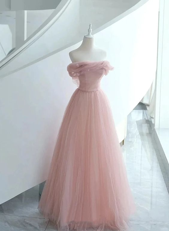 Elegant Off-the-Shoulder Pink Tulle Long Prom Dress J4408 - Perfect for Formal Dances, Evening Galas & Special Occasions