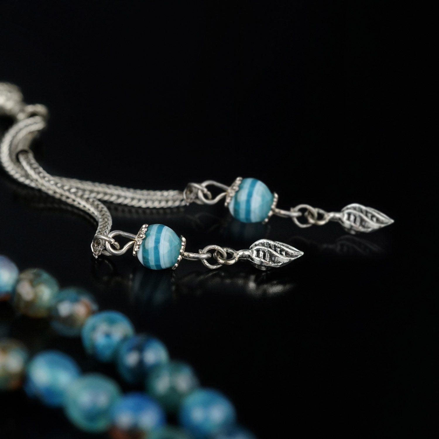 Premium Blue Striped Agate Islamic Prayer Beads - 99 Muslim Tasbih for Daily Dhikr & Meditation | Perfect for Home Worship, Travel & Gift Giving