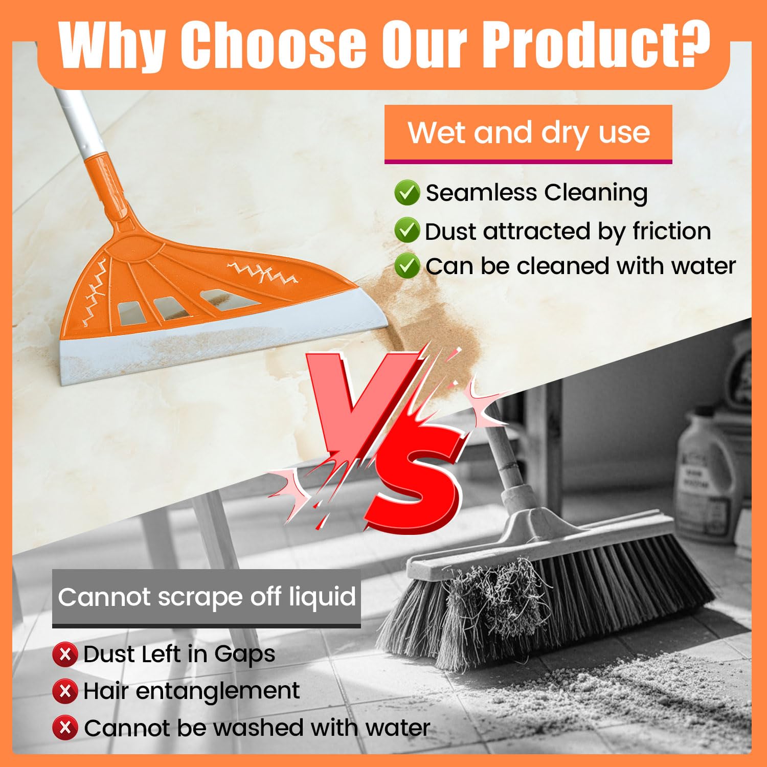 Magic Air Broom - 2-in-1 Silicone Floor Cleaner with V-Shape Brush for Pet Hair & Spills - Home & Office Use