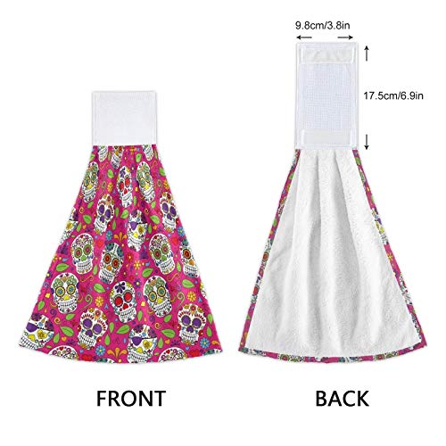 Halloween Sugar Skulls Hanging Kitchen Towels - 2PCS Pink Day of The Dead Hand Towels with Loops | Super Absorbent & Soft 12x17 Inch Dish Towels for Kitchen, Bathroom & Oven | Perfect for Halloween Decor & Dia de Los Muertos Celebrations