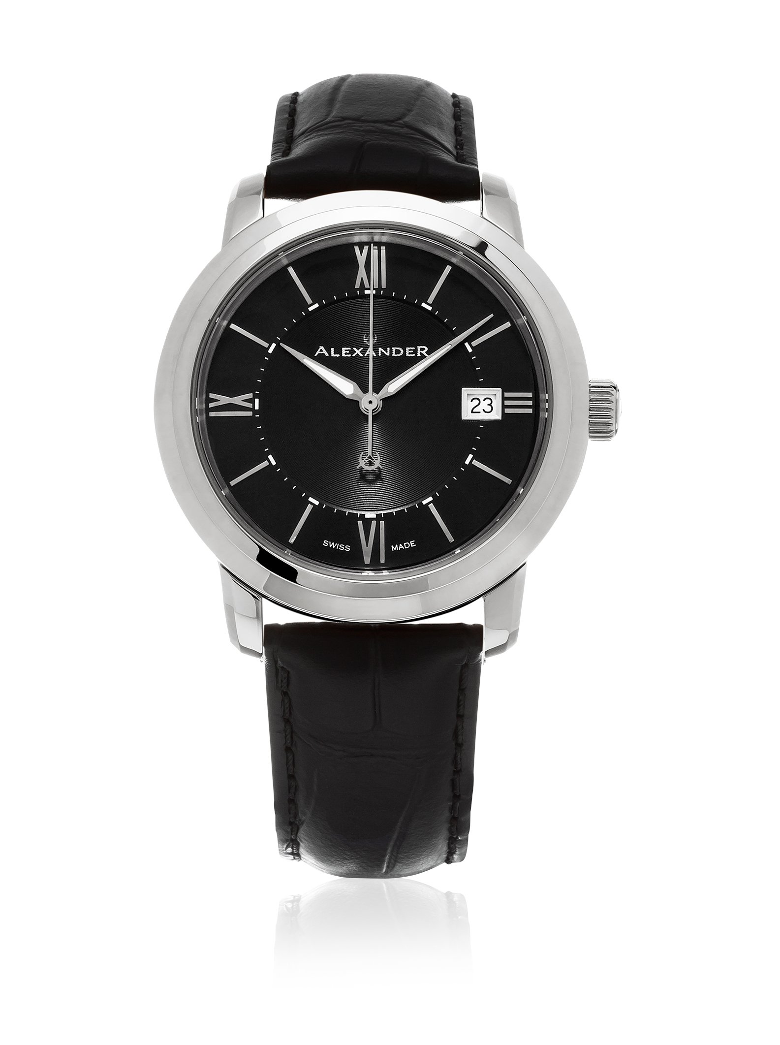 Alexander Heroic Macedon Men's Stainless Steel Dress Watch - 40mm Black Leather Band, Analog Black Dial with Date & Sapphire Crystal - Swiss Made Quartz Watch for Business, Formal Events & Gifts A111-01
