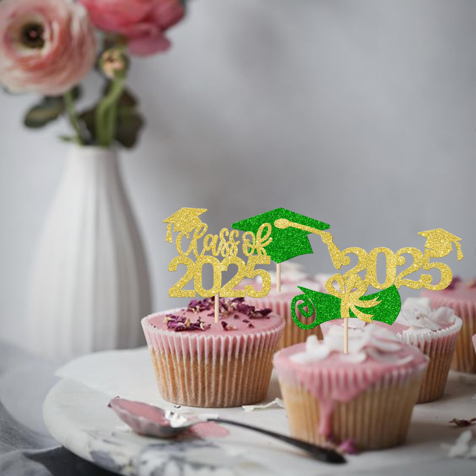Rsstarxi 36 Pack Class of 2025 Graduation Cupcake Toppers - Glitter Graduation Cap & Diploma Cake Decorations in Green & Gold - Perfect for Graduation Parties, School Celebrations & Dessert Table Decor