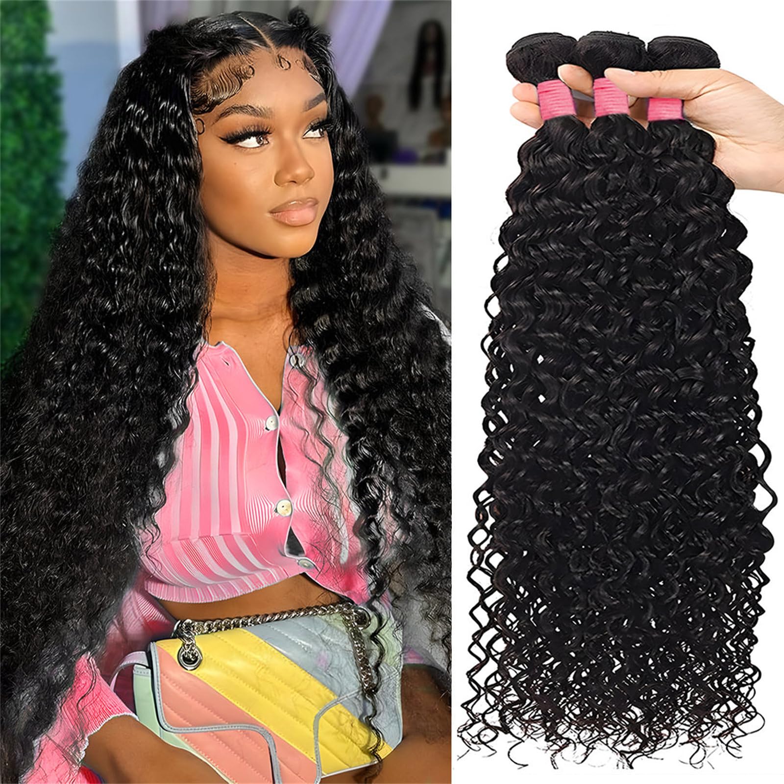 12A Brazilian Virgin Human Hair Bundles 24 26 28 Inch - Water Wave Wet & Wavy Natural Color Hair Extensions (3 Bundles) for Stunning Beach Waves & Everyday Glamour