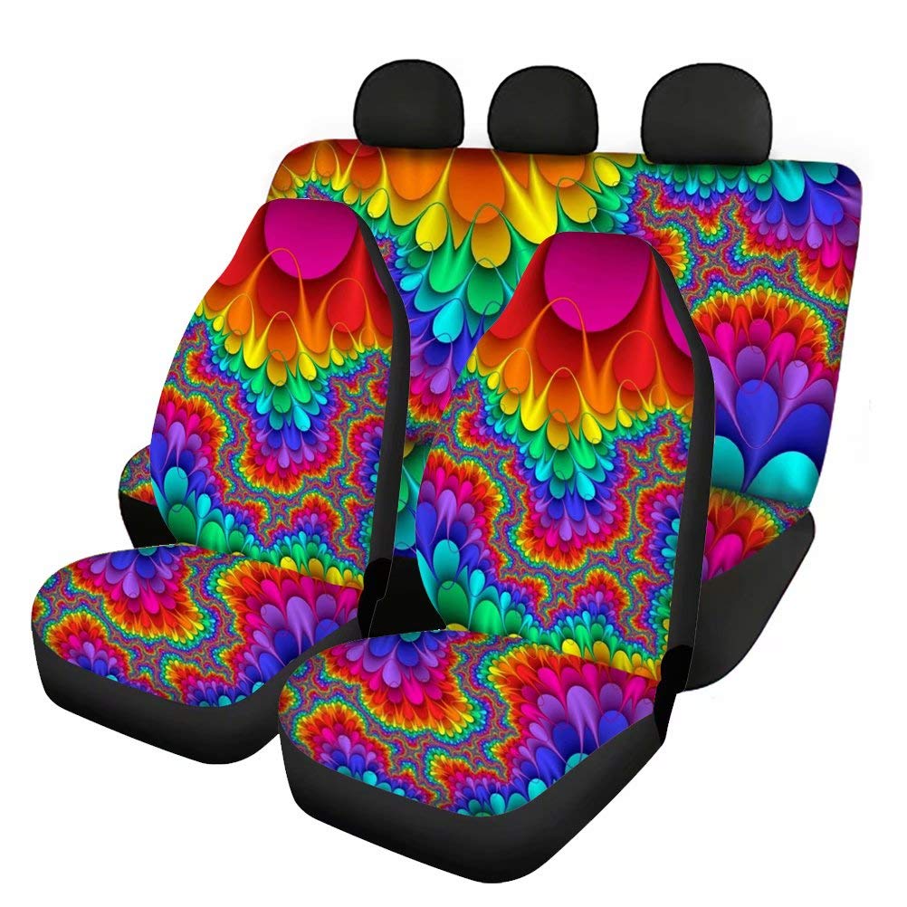Rainbow Tie Dye Car Seat Covers Full Set - Universal Fit for Most Vehicles (Front & Rear Bench) - Hippie Style Car Accessories for VW, Jeep, SUV - Waterproof & Non-Slip Seat Protectors for Road Trips & Daily Commute