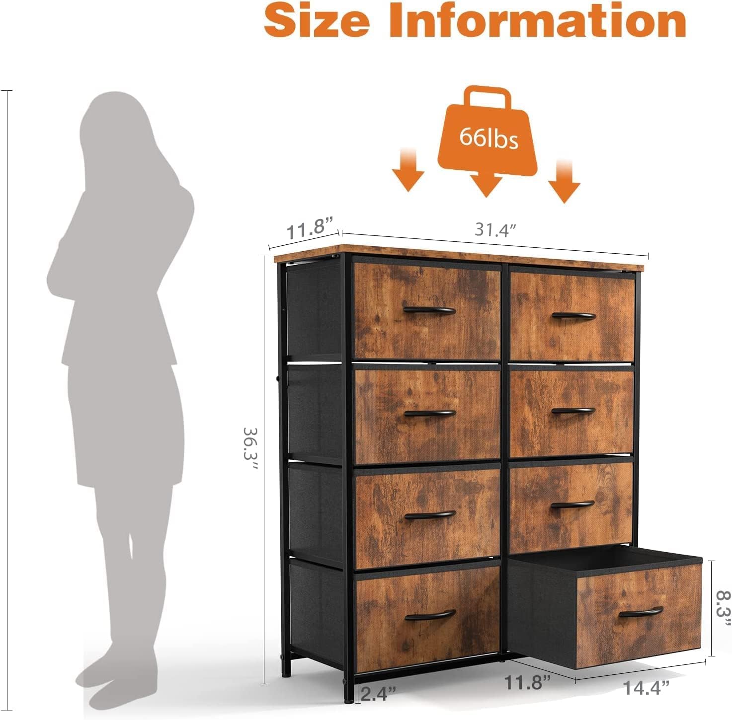 Sweetcrispy 8-Drawer Dresser for Bedroom & Kids Room - Tall Wood Top Chest Tower with Steel Frame | Clothing & Closet Storage Organizer with Fabric Bins | Lightweight & Easy Assembly with Tools Included | Perfect for Nursery, Dorm, or Apartment Organization