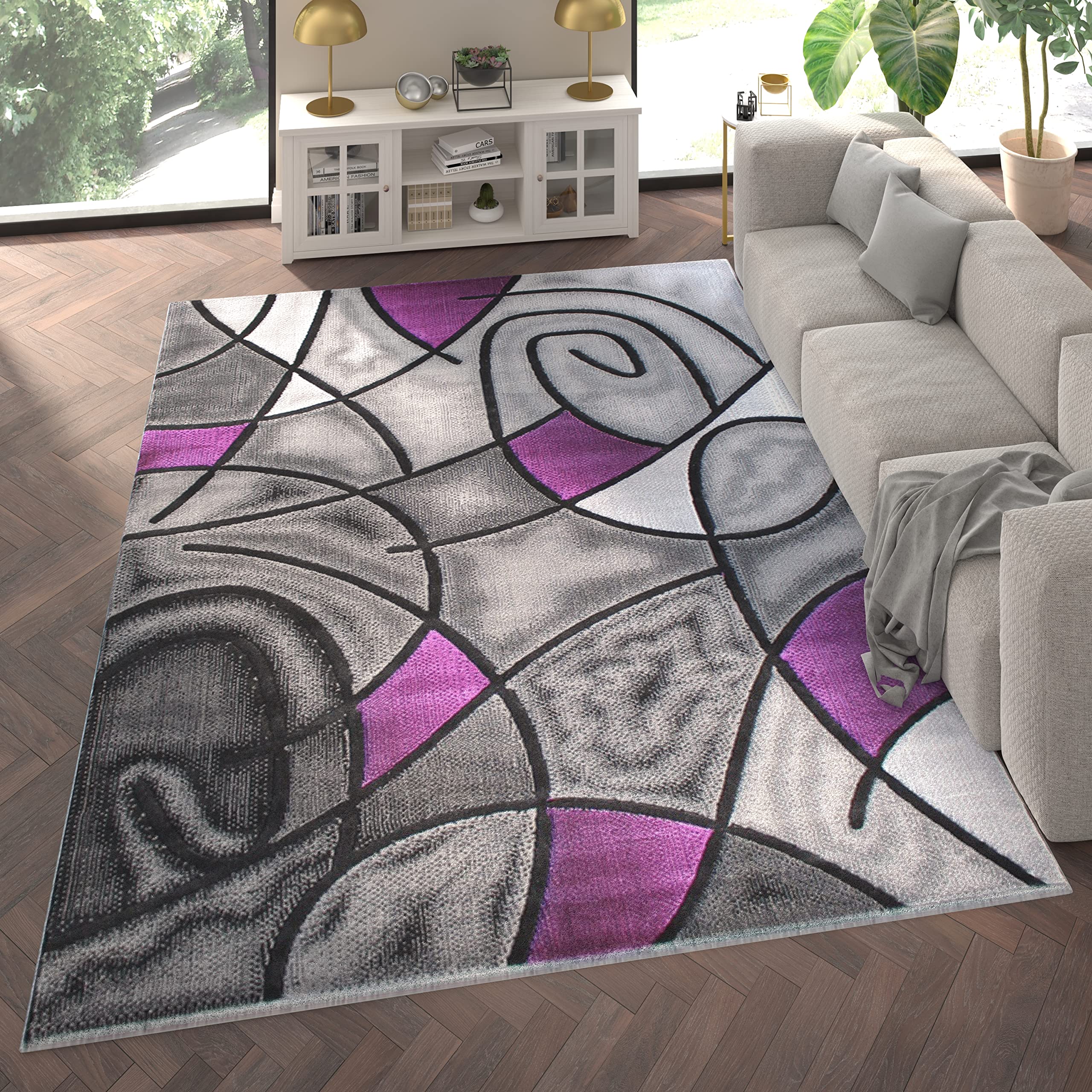 EMMA + OLIVER Urbane Plush Olefin Accent Rug - Abstract Geometric Pattern in Gradient Gray with Purple Accents - 8x10 - Stain & Moisture Resistant - Perfect for Living Room, Bedroom or Office Decor