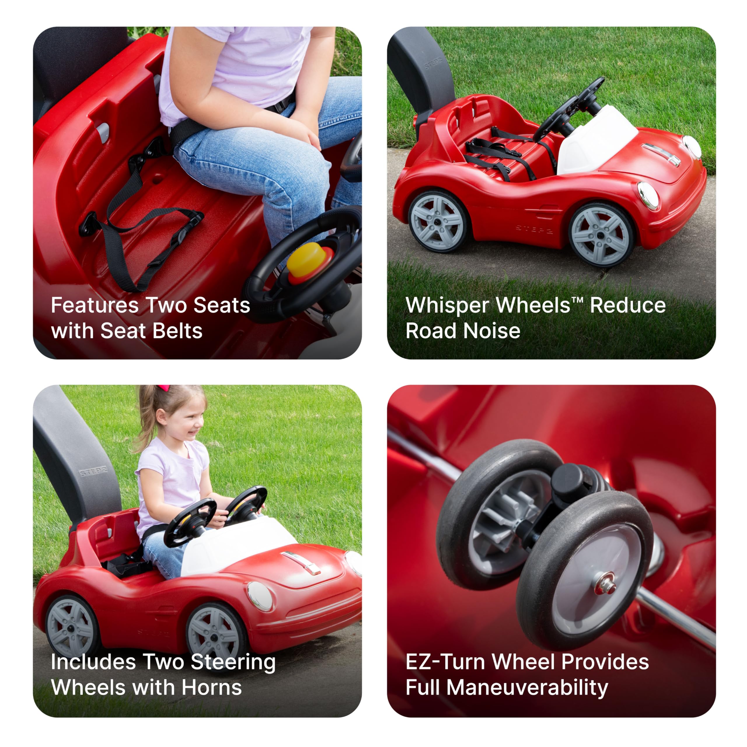 Step2 Side-by-Side Push Around Roadster - 2 Seat Toddler Ride On Car with Seat Belts & Horn | Red Push Toy for Kids 1.5-4 Years Old | Outdoor Play, Backyard Fun, Birthday Gift for Toddlers