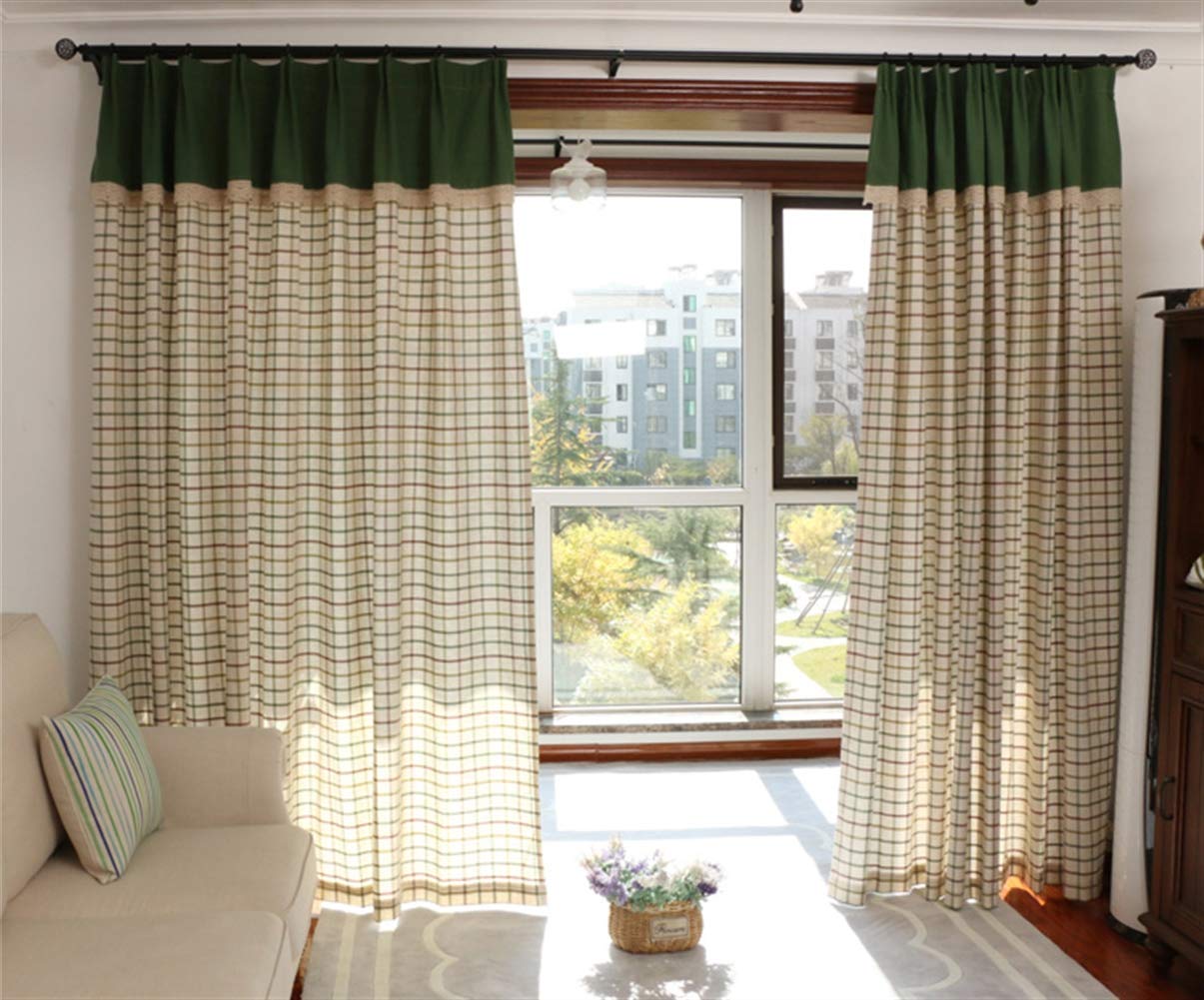 100% Linen Curtains 2 Panels - Olive Green Plaid Drapes for Living Room & Bedroom (55x96 Inches) | Breathable Natural Linen Window Treatments for Home Decor & Light Filtering