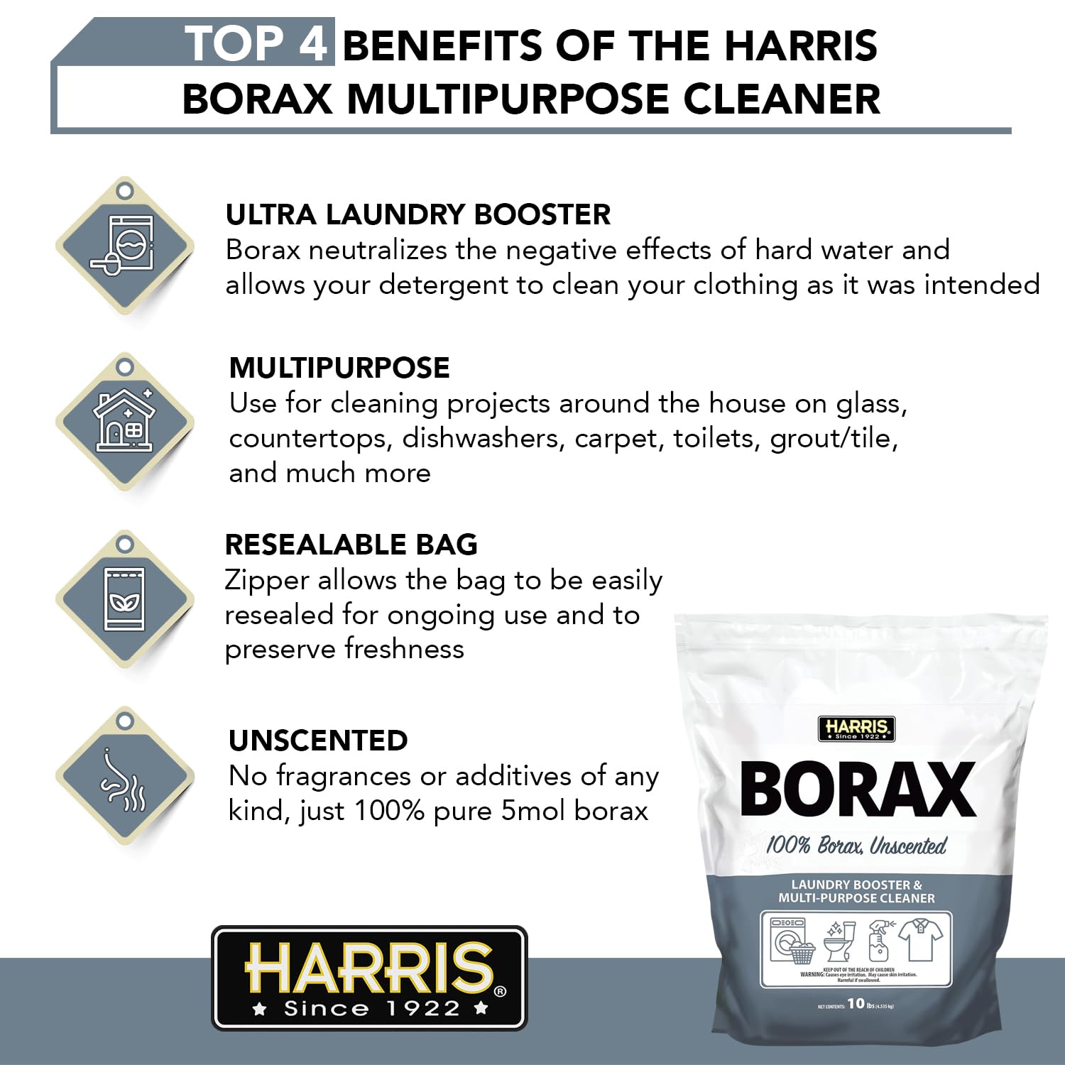 Harris 10lb Borax Powder - Unscented Laundry Booster & Multipurpose Cleaner for Stain Removal, Odor Control, and Household Cleaning | Ideal for Laundry, Dishwashing, and All-Purpose Cleaning