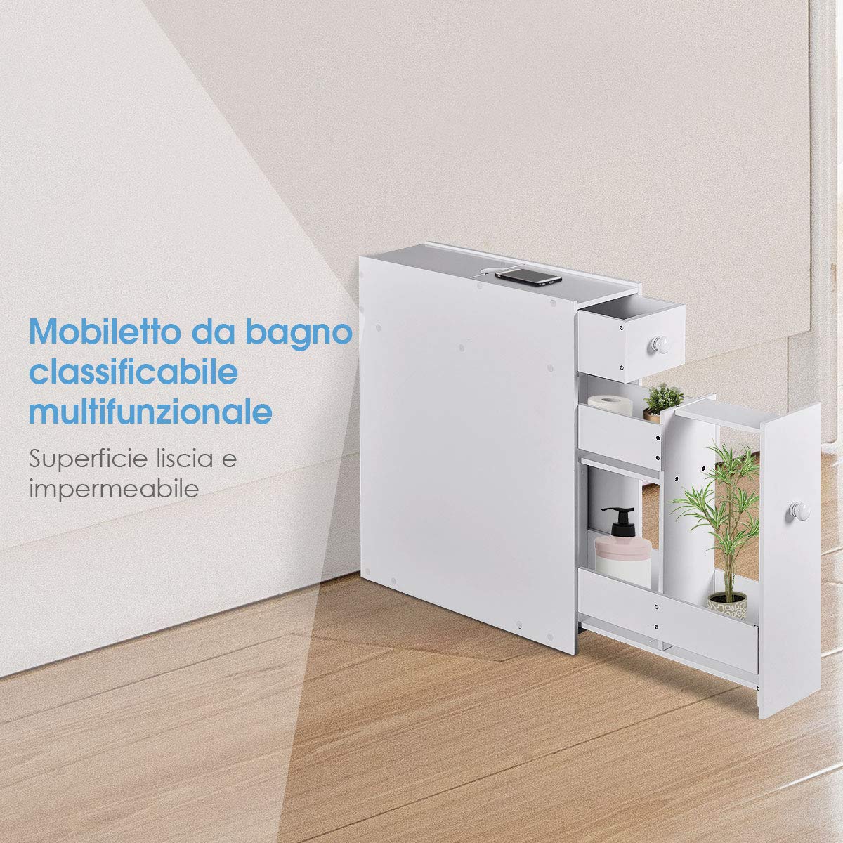 Rainfally Slim Bathroom Storage Cabinet - Narrow Toilet Paper & Bath Essentials Organizer for Small Spaces, Modern White Bathroom Vanity Cabinet - Perfect for Bedroom Nightstand, Living Room or Office Storage Solution