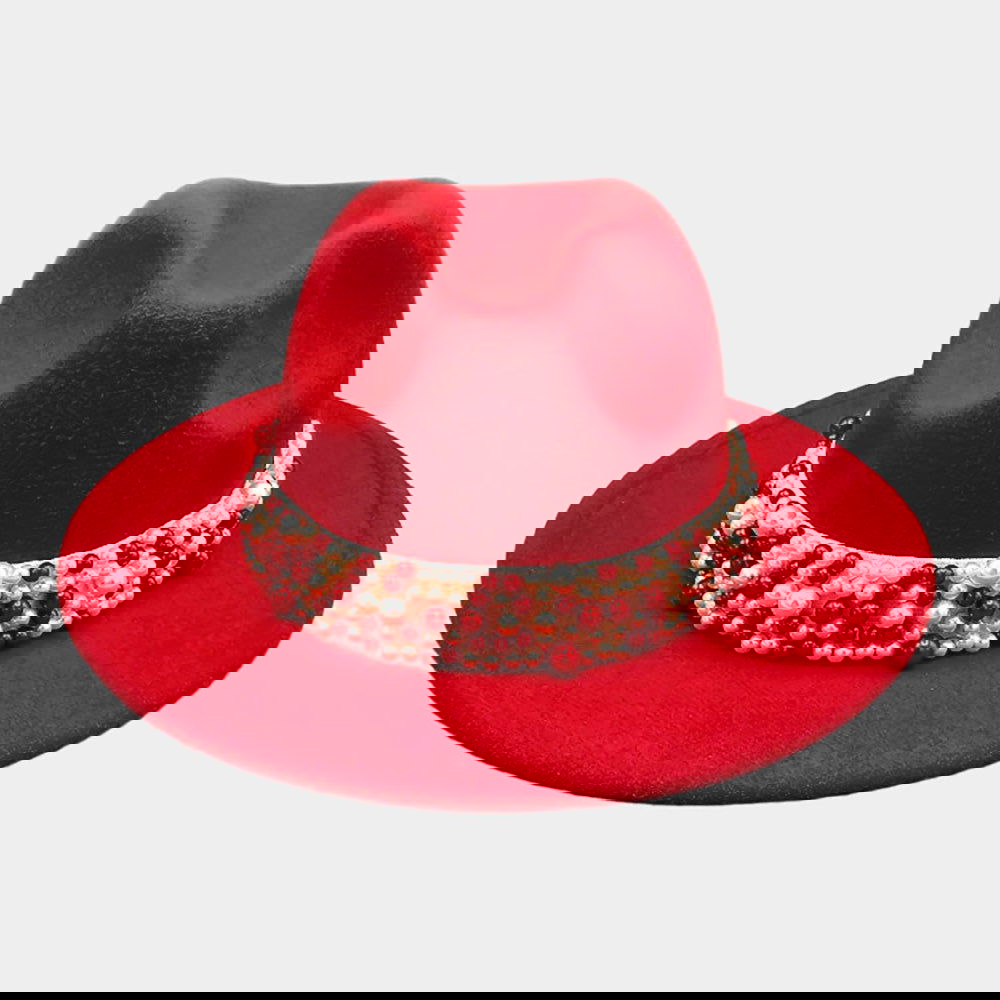 Elegant Red Pearl Embellished Band Pointed Fedora Hat for Women - Vintage Style Fashion Accessory for Parties, Weddings & Special Occasions