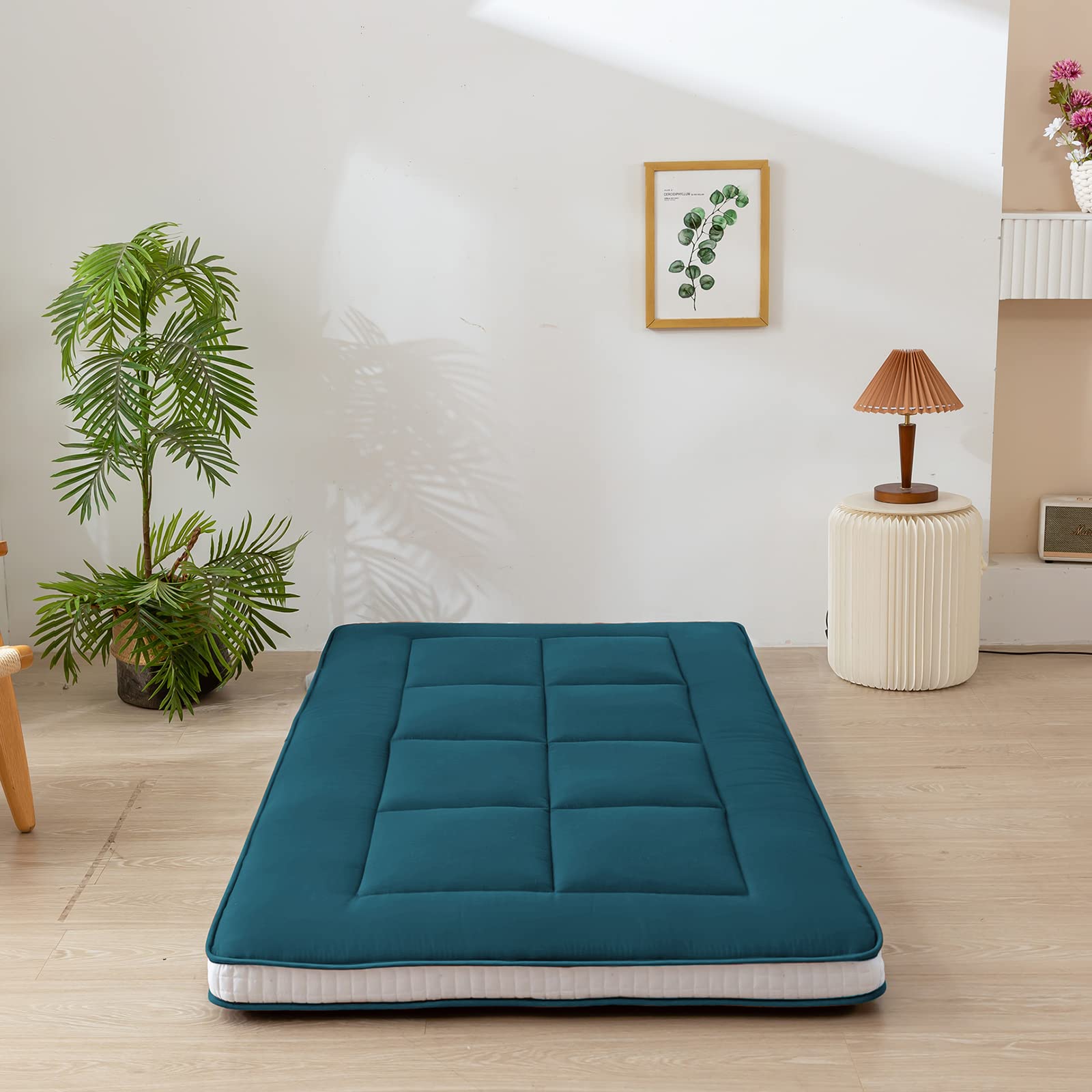 MAXYOYO Futon Mattress - Japanese Floor Sleeping Pad with Quilted Topper, Bluestone Blue | Foldable Floor Bed for Guest Room, Dorm, Camping & Yoga Mat Alternative