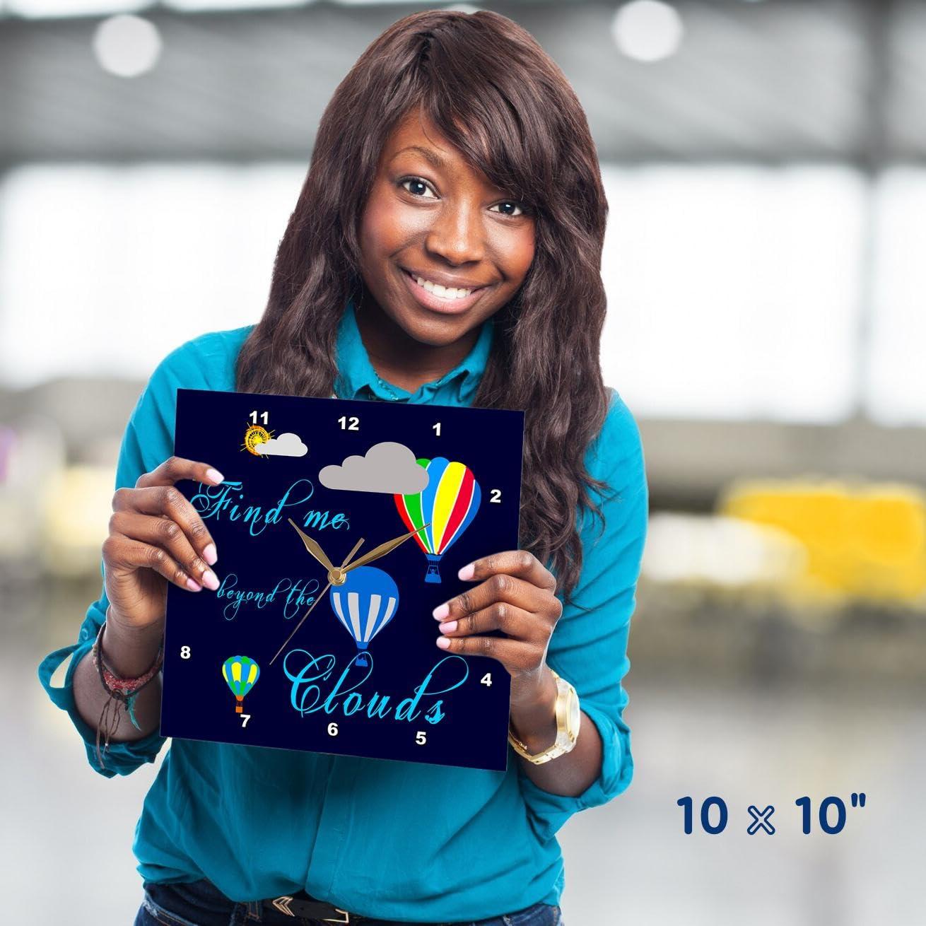 3dRose Hot Air Balloons & Sun Wall Clock - 'Find Me Beyond The Clouds' Blue Decor, 10x10 Inches - Perfect for Home, Office & Gift Giving