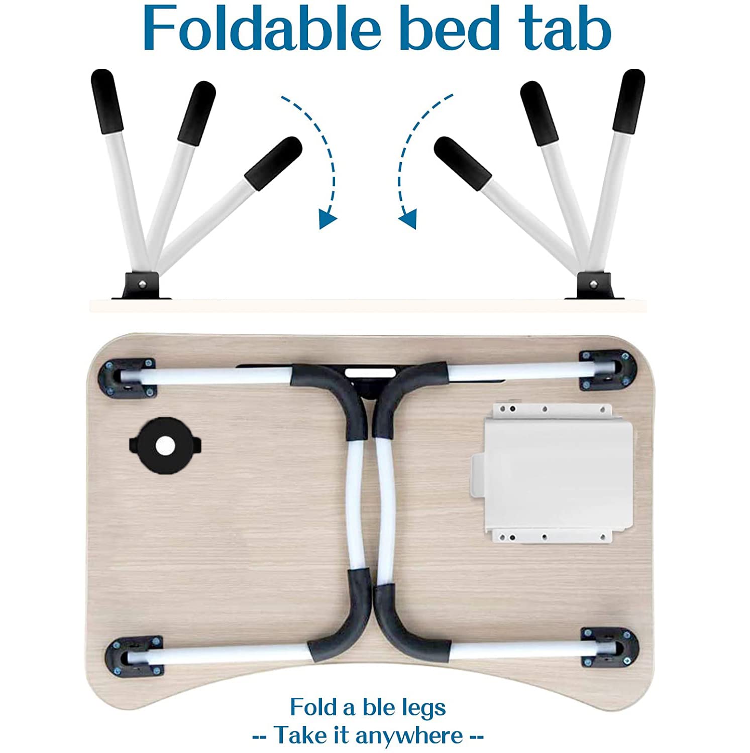 EAQ Foldable Laptop Bed Tray Table with Cup Holder & Storage Drawer - Portable Adjustable Laptop Stand for Working, Reading in Bed, Couch or Sofa - Beige Home Office & Study Essential