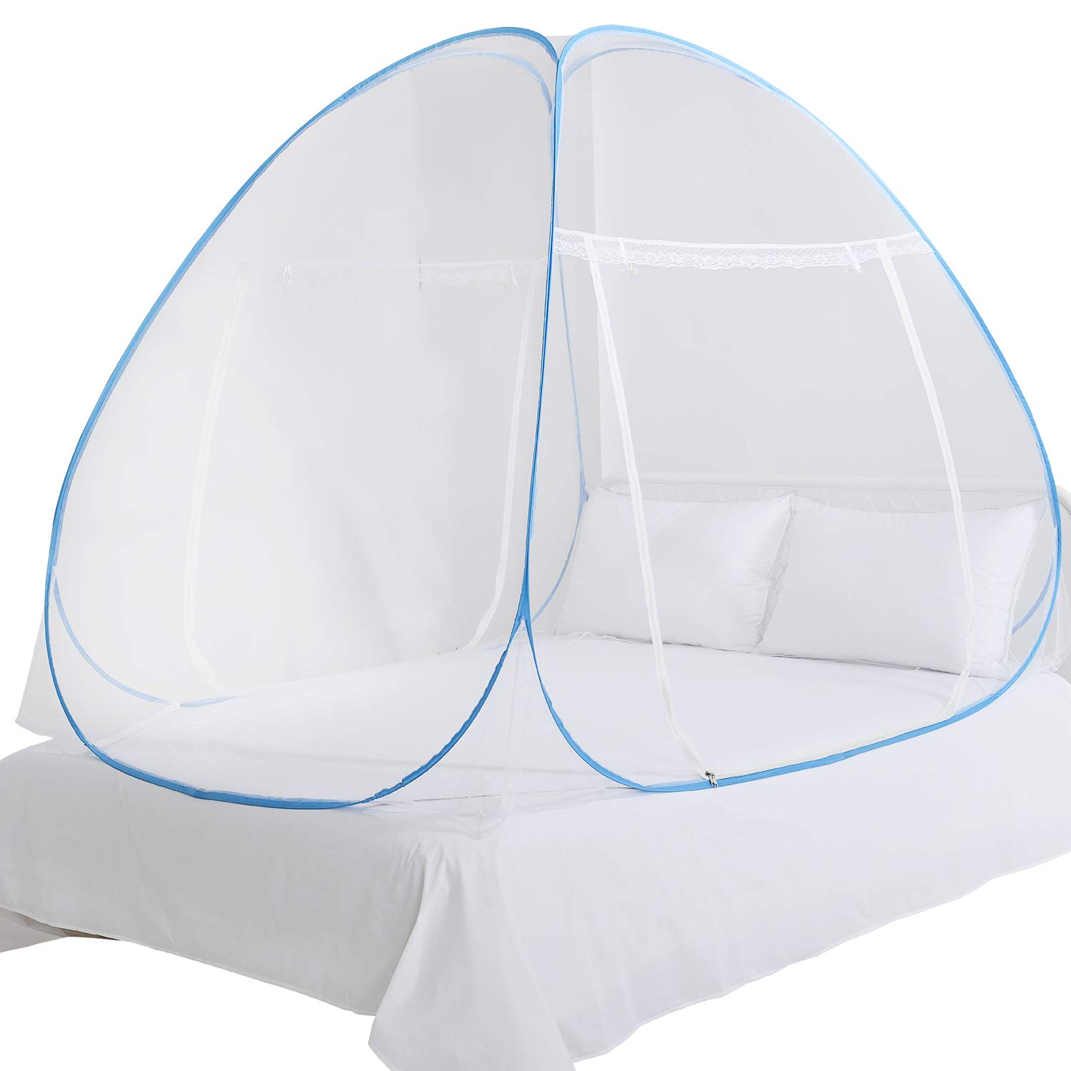 King Size Cotton Loft Pop Up Bed Tent for Adults - Breathable White & Blue Sleeping Privacy Canopy - Perfect for Camping, Guest Rooms & Nap Time