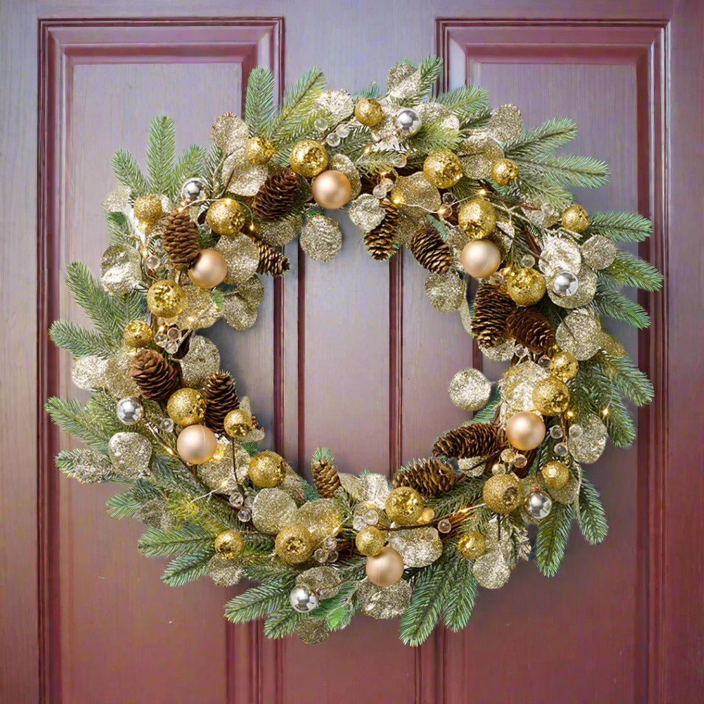 Pre-Lit Shimmer Wreath - Battery Operated Christmas Wreath with Warm White LED Lights for Holiday Door Decor, Indoor & Outdoor Use