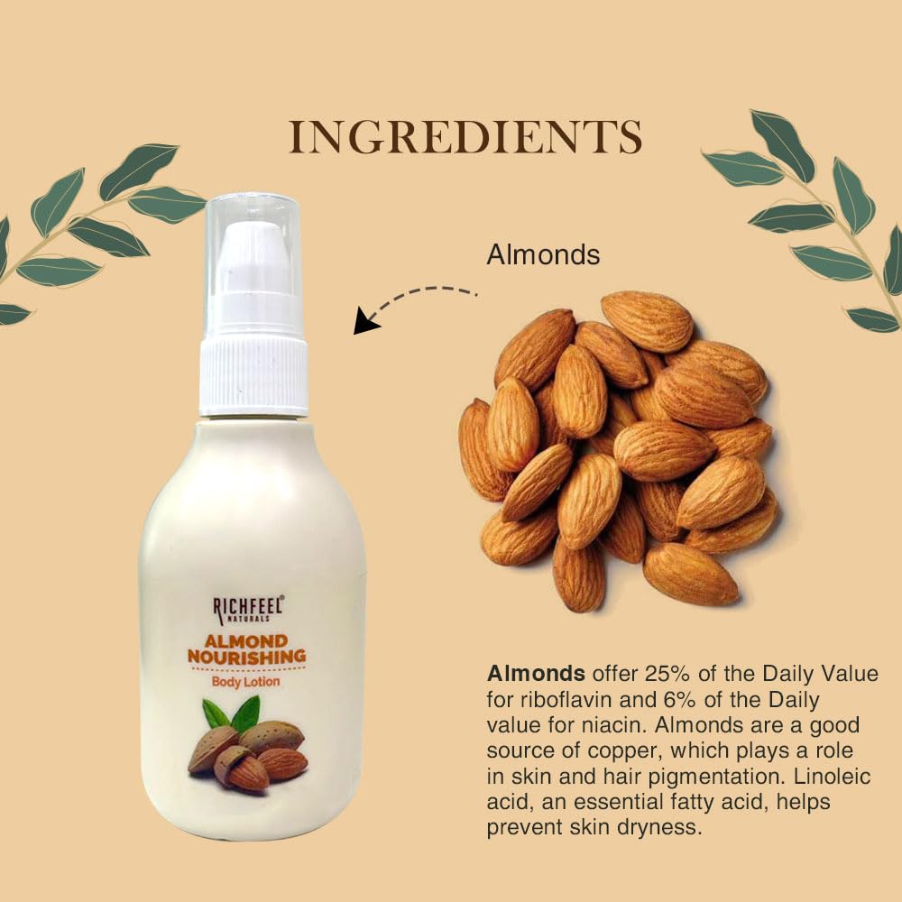Richfeel Almond Nourishing Body Lotion with 2X Almond Oil - Deep Moisturizing for Very Dry Skin - Smooth & Healthy Skin Care - 100ml (Pack of 2) - Perfect for Daily Hydration & Winter Skin Protection