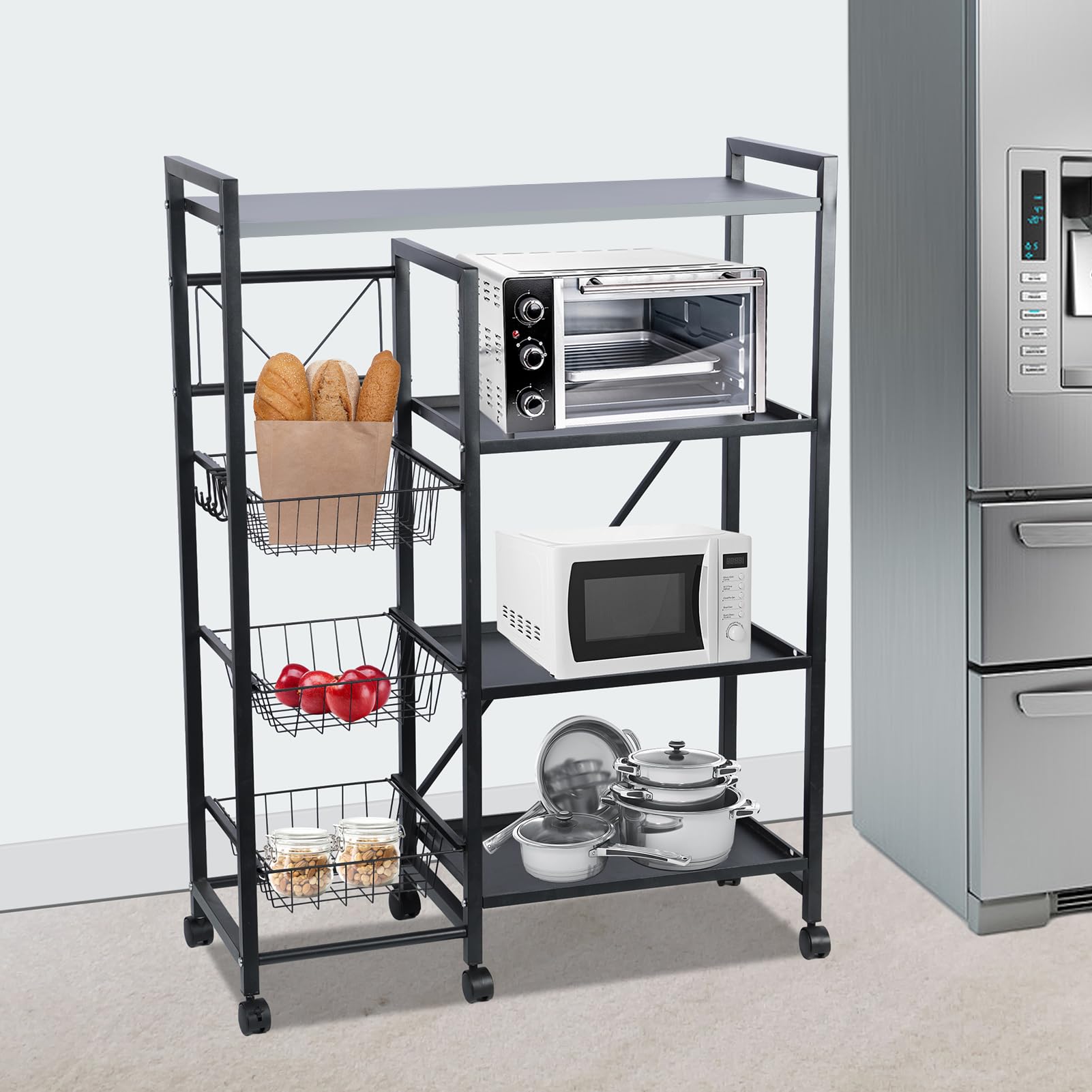 4-Tier Kitchen Bakers Rack with Wheels & S-Hooks - Rolling Coffee Bar Table, Microwave Stand with Wire Basket Storage - Ideal for Spices, Pots & Pans Organization - Perfect for Small Kitchens, Pantries & Coffee Stations (Black)