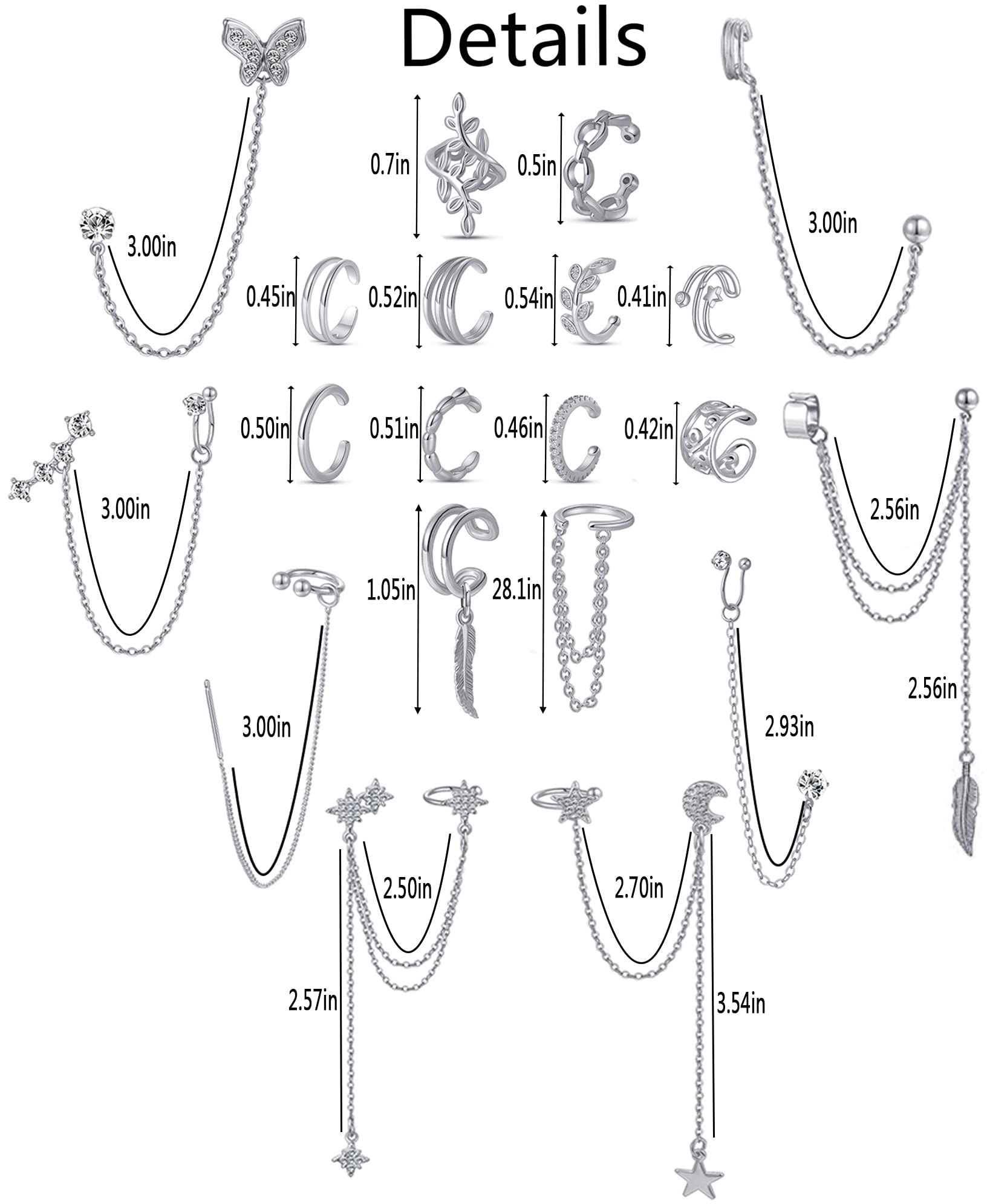 20Pcs Clip On Ear Cuffs for Women - Silver & Gold Adjustable Helix Cartilage Earrings with Dangle Chain Wrap - Perfect for Parties, Weddings & Everyday Wear
