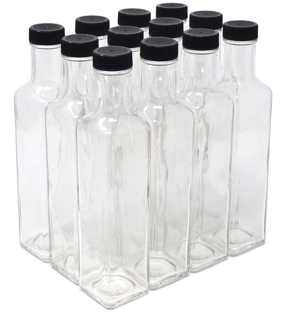 Premium Clear Glass Quadra Bottles with Black Caps - 250ml (8.5 Fl Oz) - 4 Cases of 12 Units (48 Total) - Perfect for Craft Cocktails, Homemade Infusions & Gourmet Gift Packaging