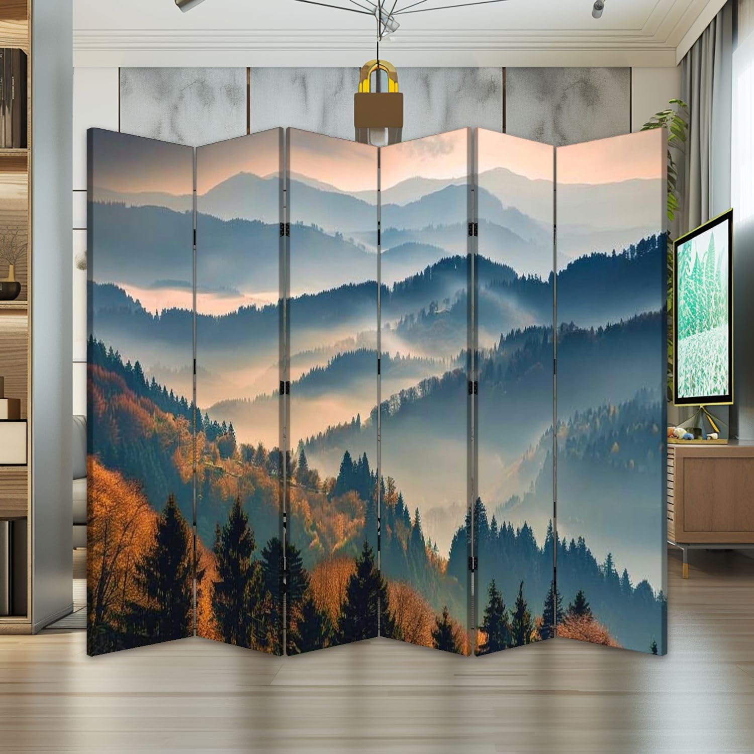 6-Panel Folding Room Divider - Scenic Mountain Landscape Black Forest Canvas Privacy Screen | Freestanding Indoor Partition for Living Room, Bedroom & Office | Home Decor & Space Separator