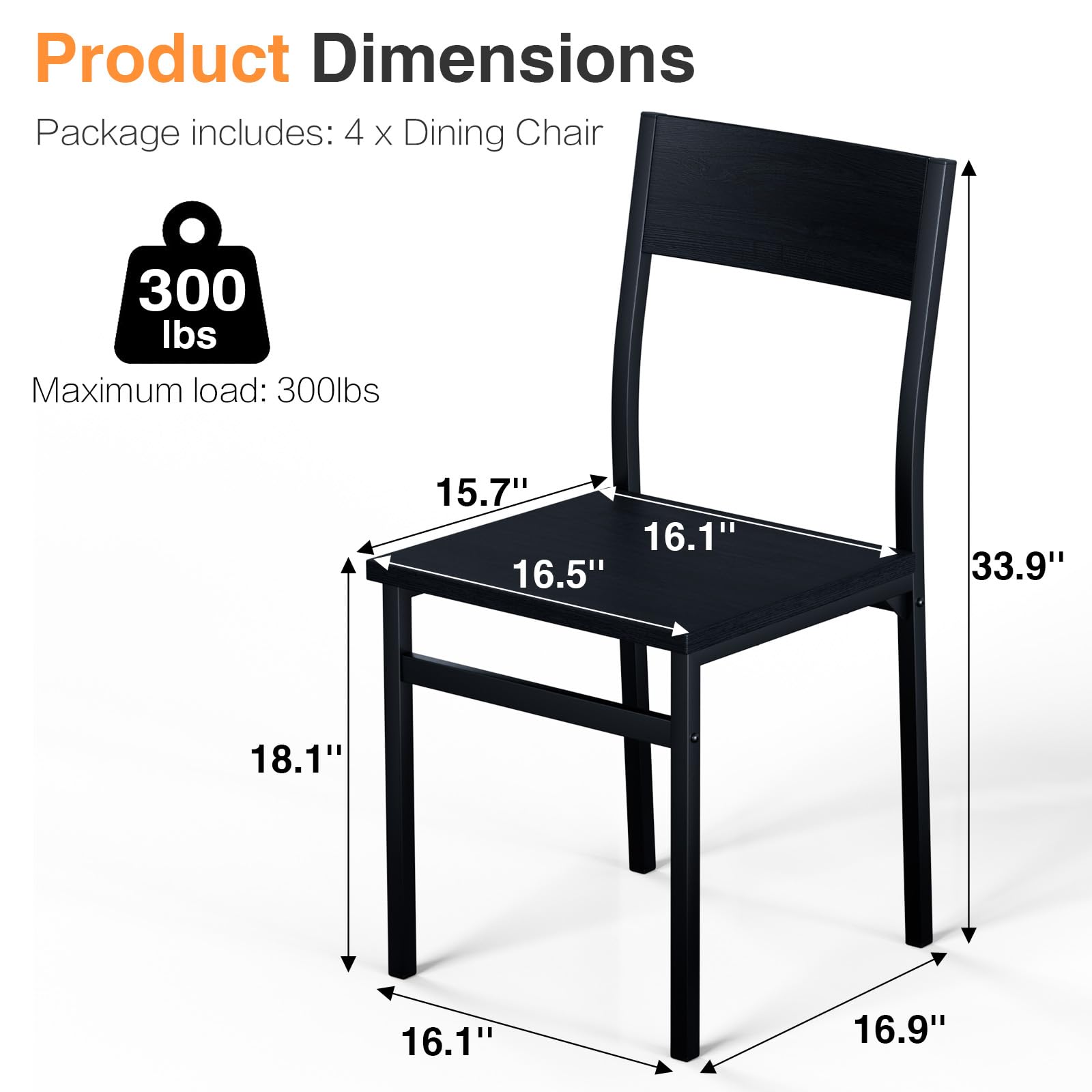 4-Piece Rustic Wood Dining Chairs Set with Metal Steel Frame & Slat Back - Modern Farmhouse Style Kitchen, Dining Room & Living Room Seating (Black) - Perfect for Family Gatherings, Dinner Parties & Home Decor
