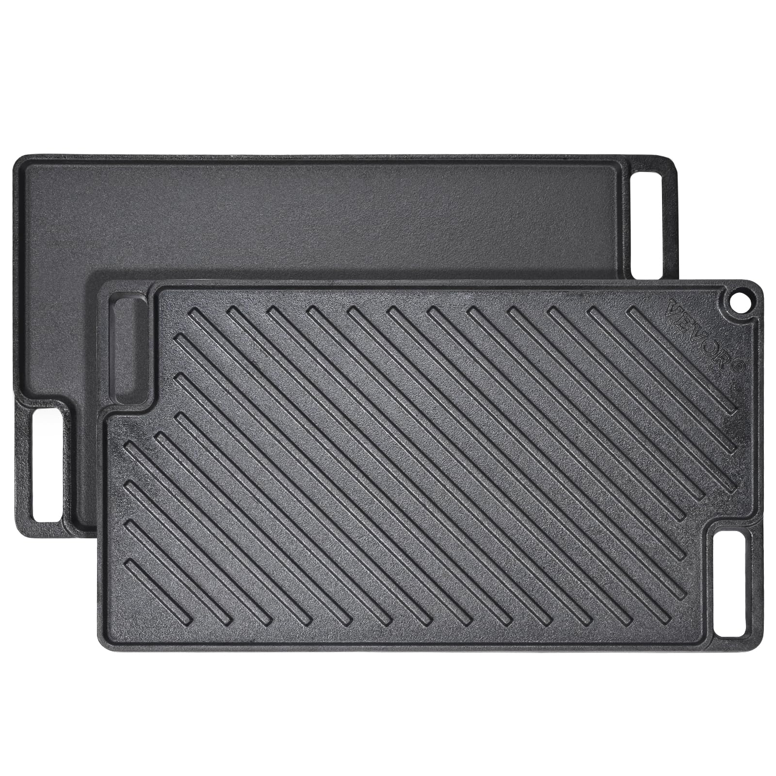 VEVOR 17x10 Inch Reversible Cast Iron Grill Griddle - Pre-Seasoned Double Burner Griddle Pan with Handles, Non-Stick Flat Top Cookware for BBQ, Gas Grill, Camping & Outdoor Cooking - Black