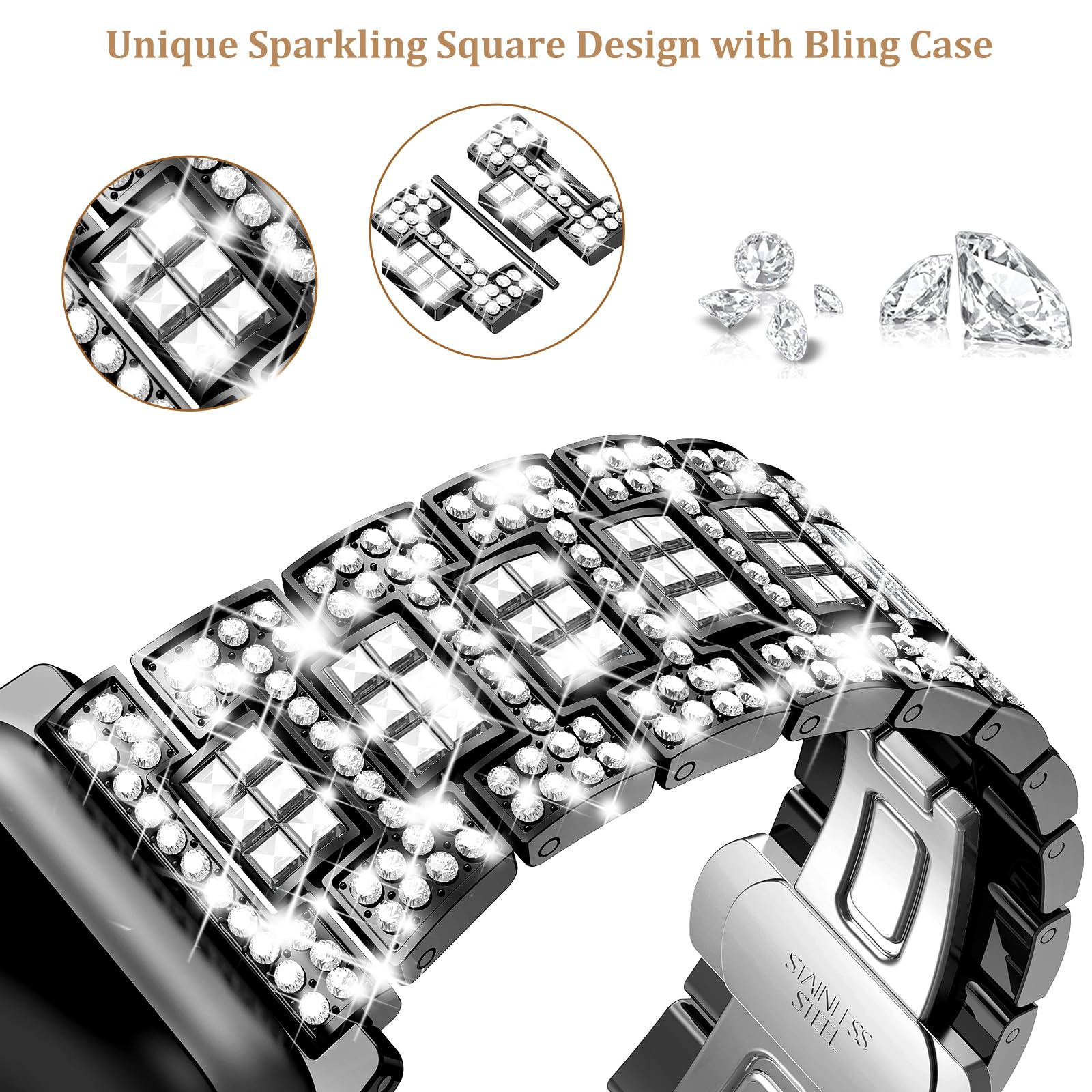 Sparkling Luxury Diamond Apple Watch Band for Women - Compatible with iWatch SE Series 10/9/8/7/6/5/4 & 40/41/42/44/45/46mm Models - Shiny Metal Case with Full Diamond Cover Set - Elegant Fashion Accessory for Daily Wear, Workouts & Special Occasions