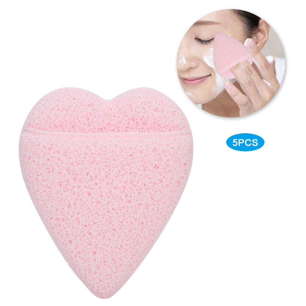 Heart-Shaped Face Washing Pads - 5 Pack Hydrophilic Polyurethane Cleansing Sponges, Soft & Gentle Exfoliating Facial Puff for Women & Girls (Light Pink) - Perfect for Daily Skincare & Makeup Removal
